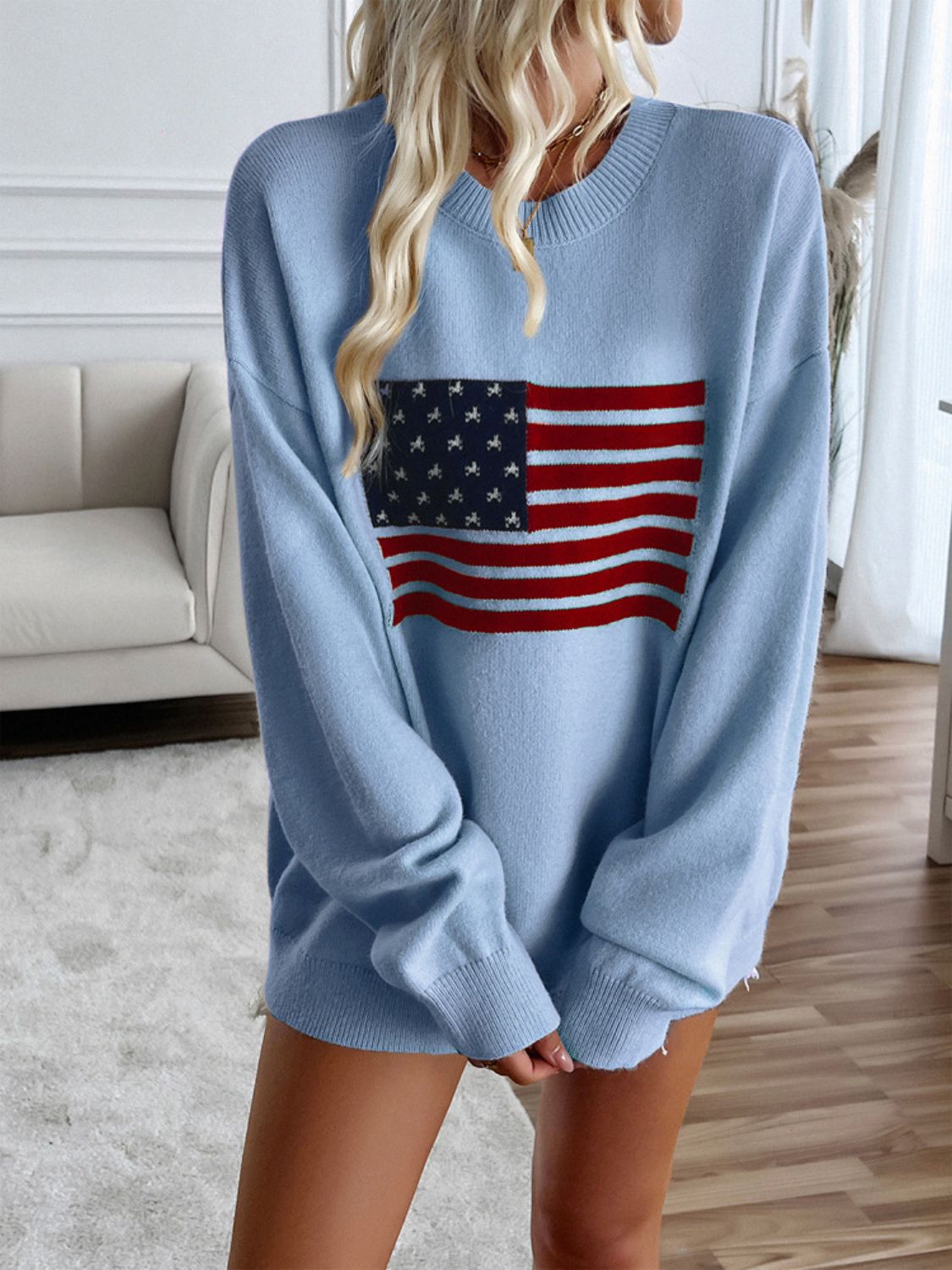 Devine US Flag Round Neck Long Sleeve Knit Top-TOPS / DRESSES-[Adult]-[Female]-Light Blue-S-2022 Online Blue Zone Planet