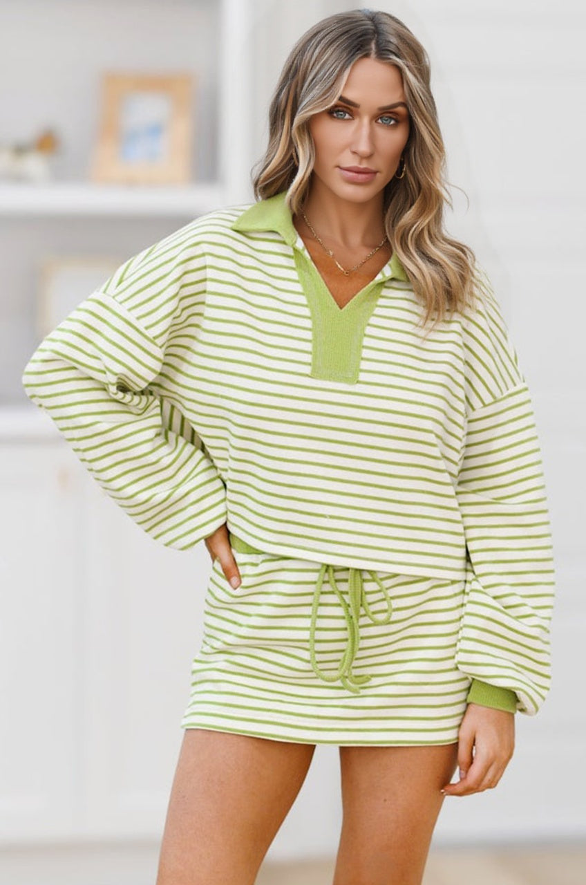 Green Stripe Collared V Neck Drop Shoulder Pullover and Skort 2pcs Outfit-Two Piece Sets/Two Piece Dresses-[Adult]-[Female]-2022 Online Blue Zone Planet