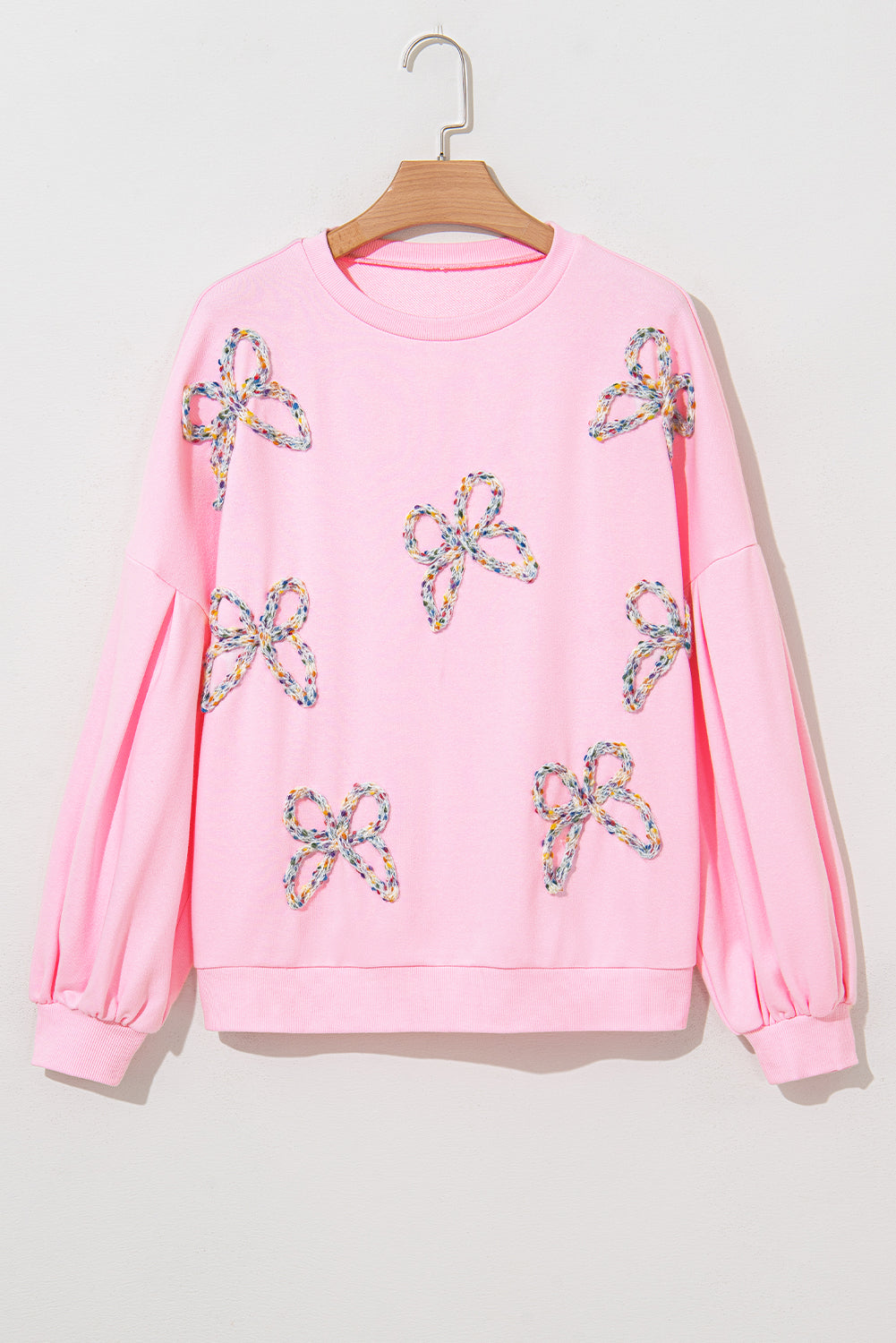 Blue Zone Planet | Light Pink Embroidered Bow Lantern Sleeve Oversized Pullover Sweatshirt-Tops/Sweatshirts & Hoodies-[Adult]-[Female]-2022 Online Blue Zone Planet