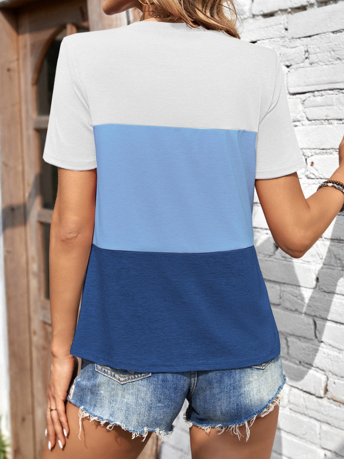 Color Block Round Neck Short Sleeve T-Shirt-TOPS / DRESSES-[Adult]-[Female]-2022 Online Blue Zone Planet