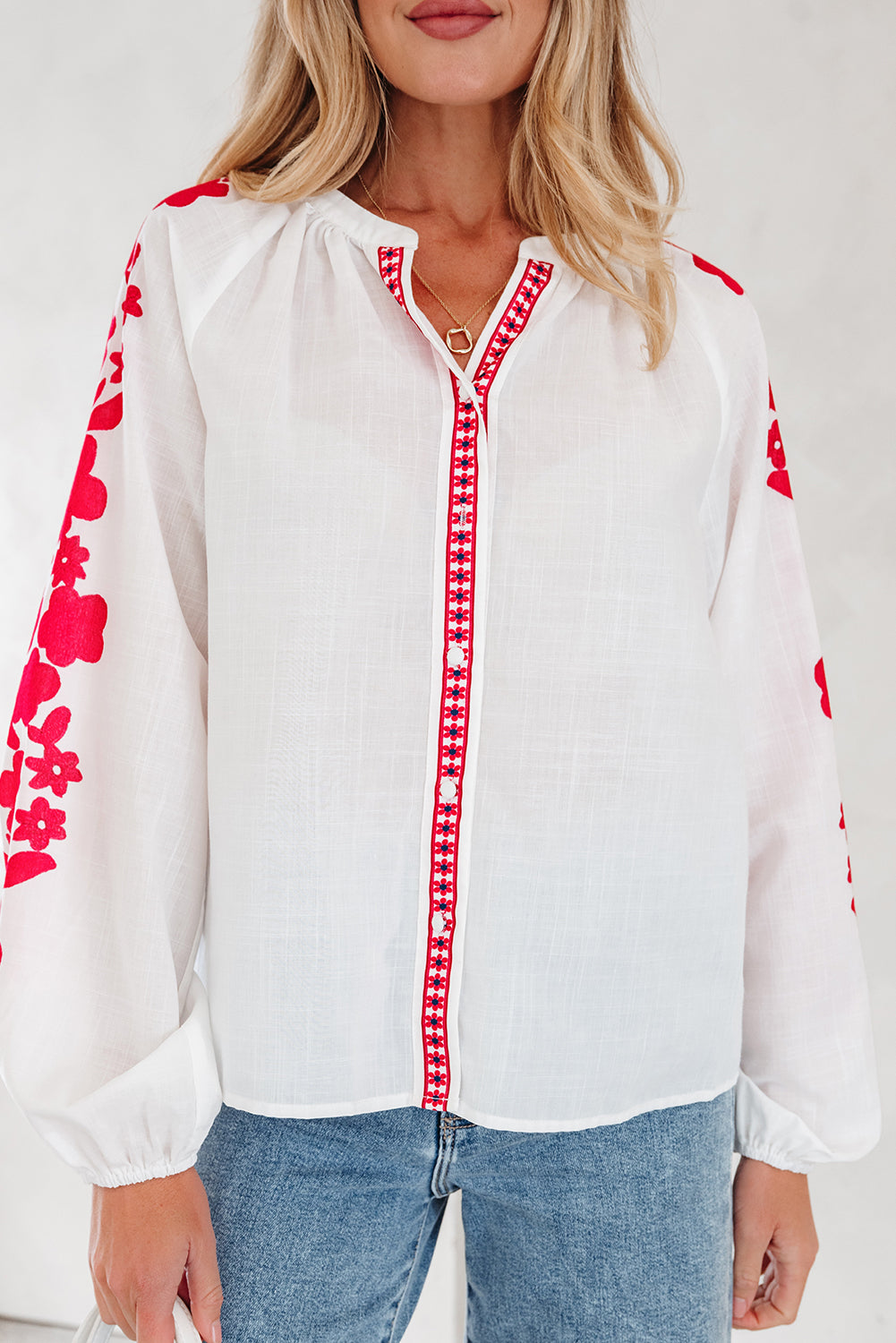 White Floral Embroidered Puff Long Sleeve Casual Shirt-Tops/Blouses & Shirts-[Adult]-[Female]-2022 Online Blue Zone Planet