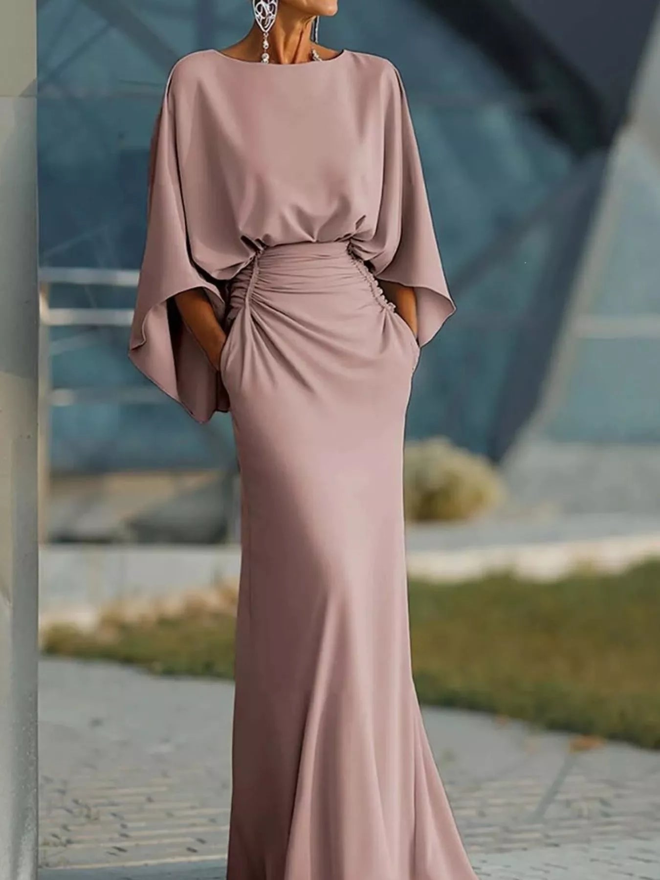 batwing ruched dress Batwing Sleeve Ruched Maxi Dress Pink / L by Blue Zone Planet