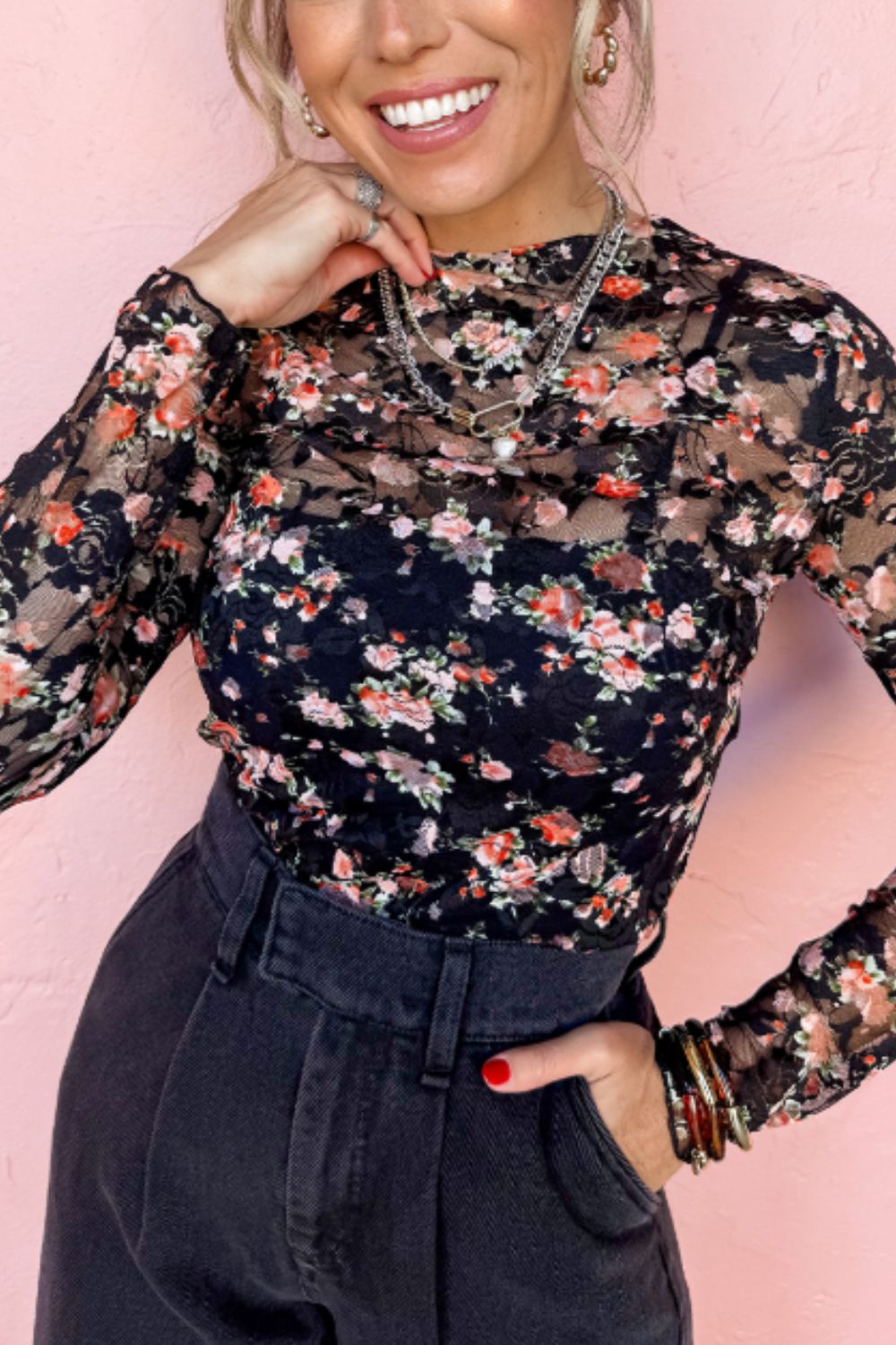 Floral Round Neck Long Sleeve Blouse-TOPS / DRESSES-[Adult]-[Female]-2022 Online Blue Zone Planet
