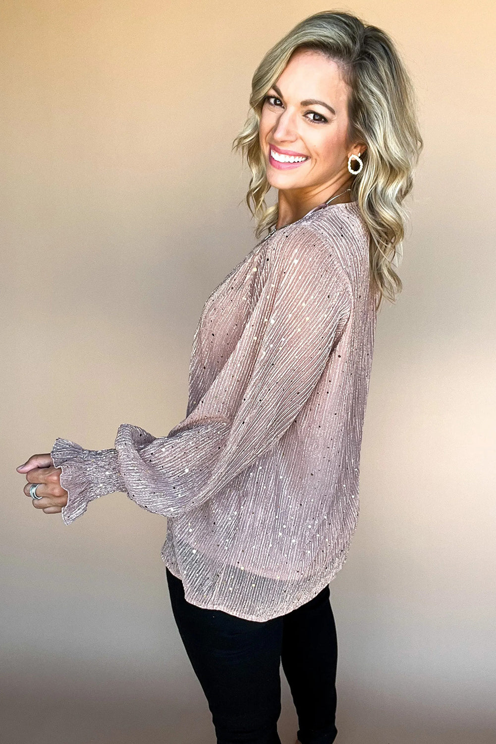Light Pink V Neck Sequin Plisse Long Sleeve Blouse-Tops/Blouses & Shirts-[Adult]-[Female]-2022 Online Blue Zone Planet