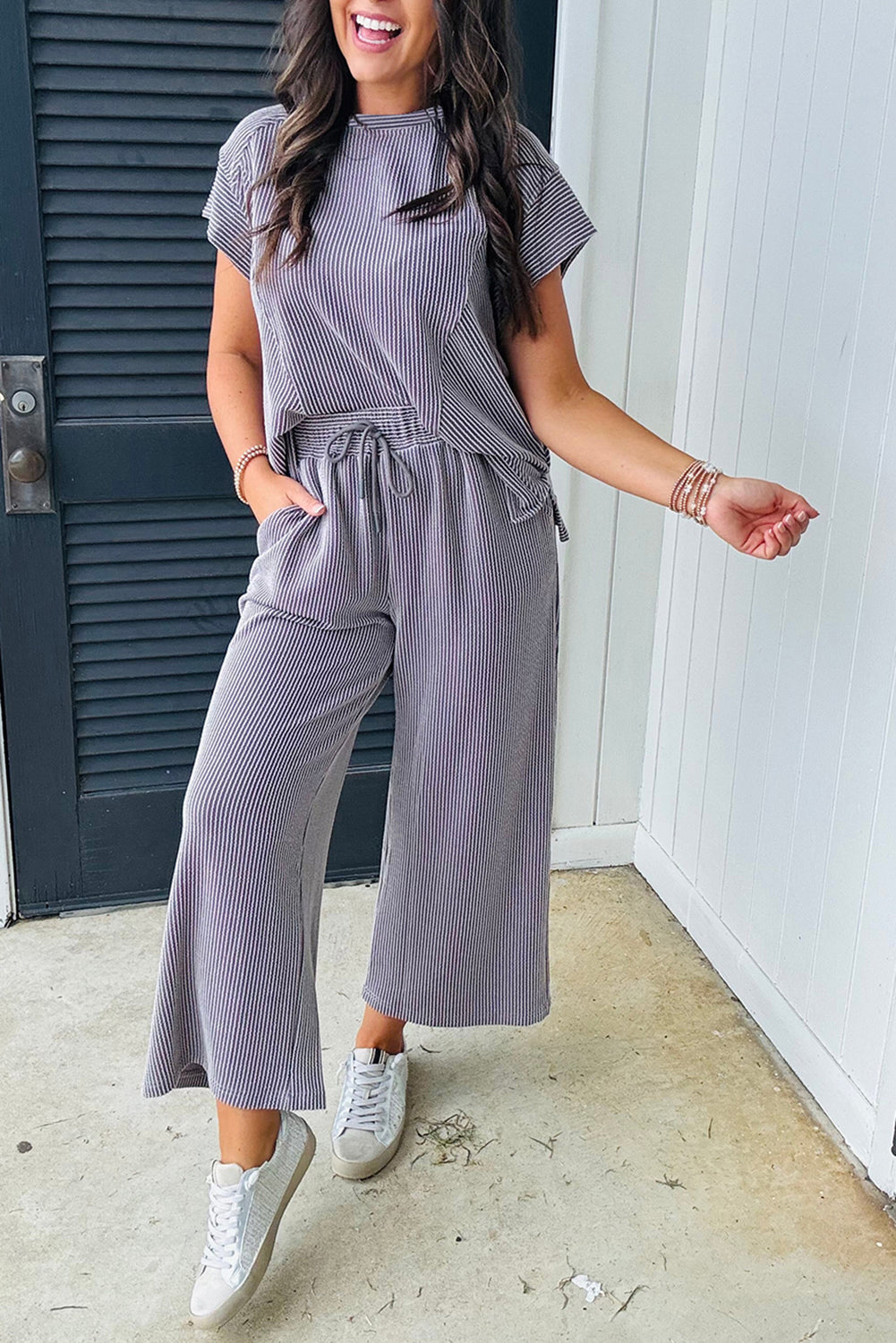 Wild Wind Solid Corded Short Sleeve T Shirt and Wide Leg Pants Set-Two Piece Pants Sets-[Adult]-[Female]-Wild Wind-S-2022 Online Blue Zone Planet