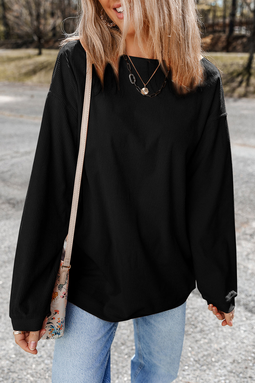 Black Ribbed Corduroy Oversized Sweatshirt-Tops/Sweatshirts & Hoodies-[Adult]-[Female]-2022 Online Blue Zone Planet