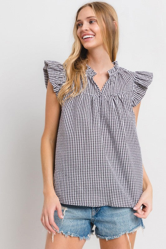 Ces Femme Plaid Notched Ruffled Cap Sleeve Blouse-TOPS / DRESSES-[Adult]-[Female]-Black-S-2022 Online Blue Zone Planet