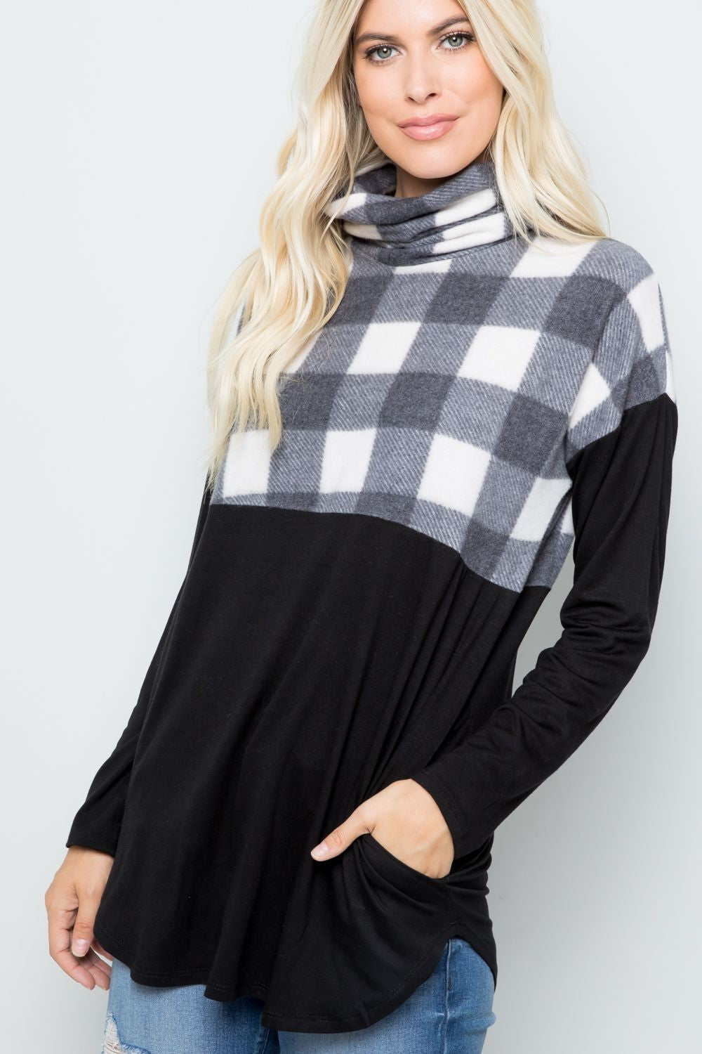 Blue Zone Planet | Celeste Full Szie Pocketed Plaid Turtleneck Long Sleeve Blouse-TOPS / DRESSES-[Adult]-[Female]-Black/White Plaid-S-2022 Online Blue Zone Planet