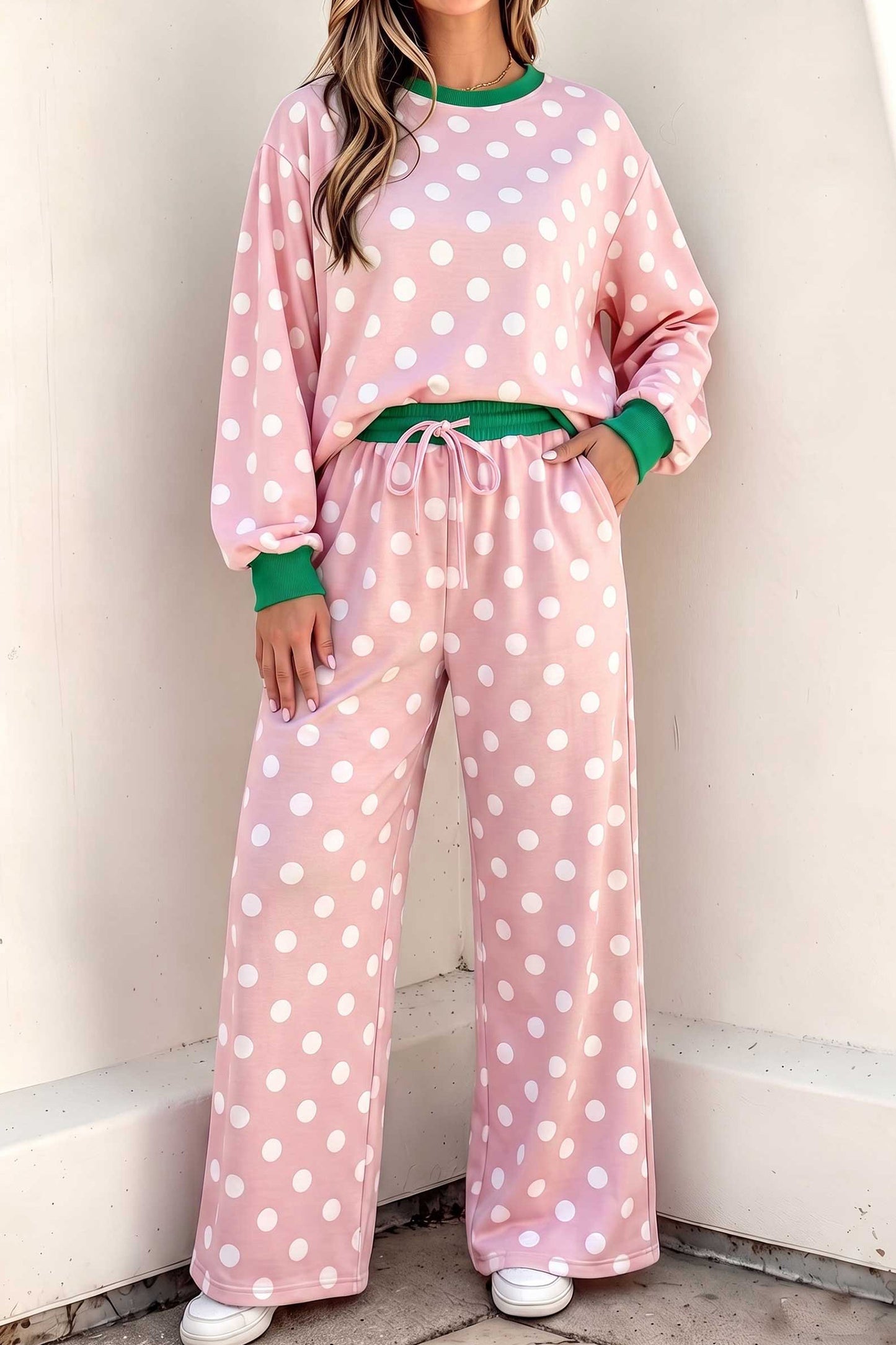 Pink Polka Dot Contrast Trim Long Sleeve Top Drawstring Shift Pants Set