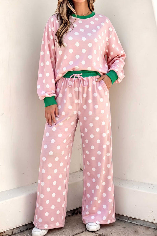 Pink Polka Dot Contrast Trim Long Sleeve Top Drawstring Shift Pants Set-Two Piece Sets/Pant Sets-[Adult]-[Female]-Pink-S-2022 Online Blue Zone Planet