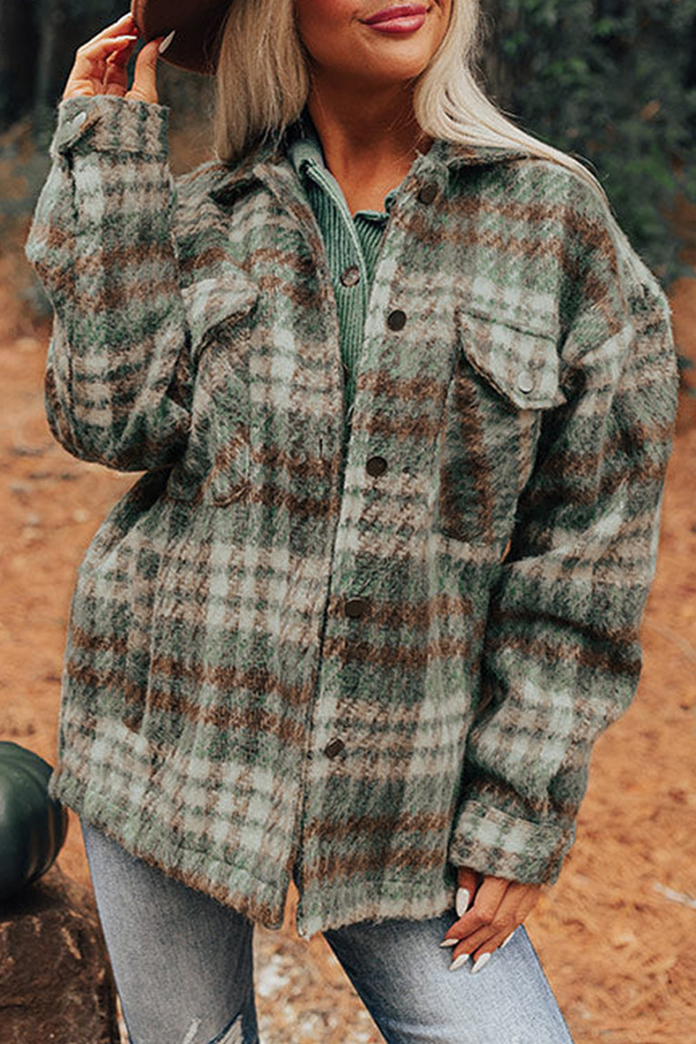 Cinnamon Plaid Print Chest Pockets Turn Down Collar Shacket-Outerwear/Plaid Shackets-[Adult]-[Female]-Mist Green-S-2022 Online Blue Zone Planet