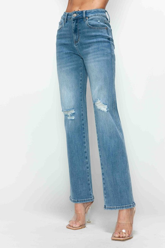 Blue Zone Planet | bytos Full Size Distressed High Rise Straight Jeans-BOTTOMS SIZES SMALL MEDIUM LARGE-[Adult]-[Female]-2022 Online Blue Zone Planet