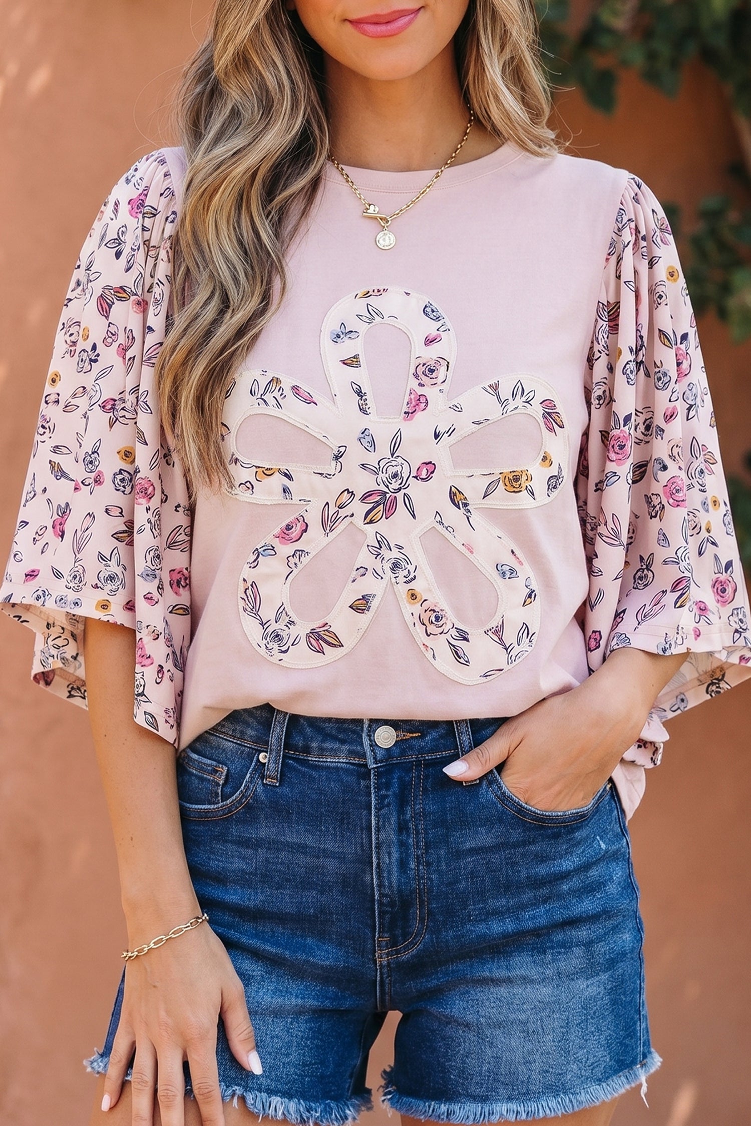 Pink Contrast Floral Patched Flowy Half Sleeve Blouse-Tops/Blouses & Shirts-[Adult]-[Female]-2022 Online Blue Zone Planet