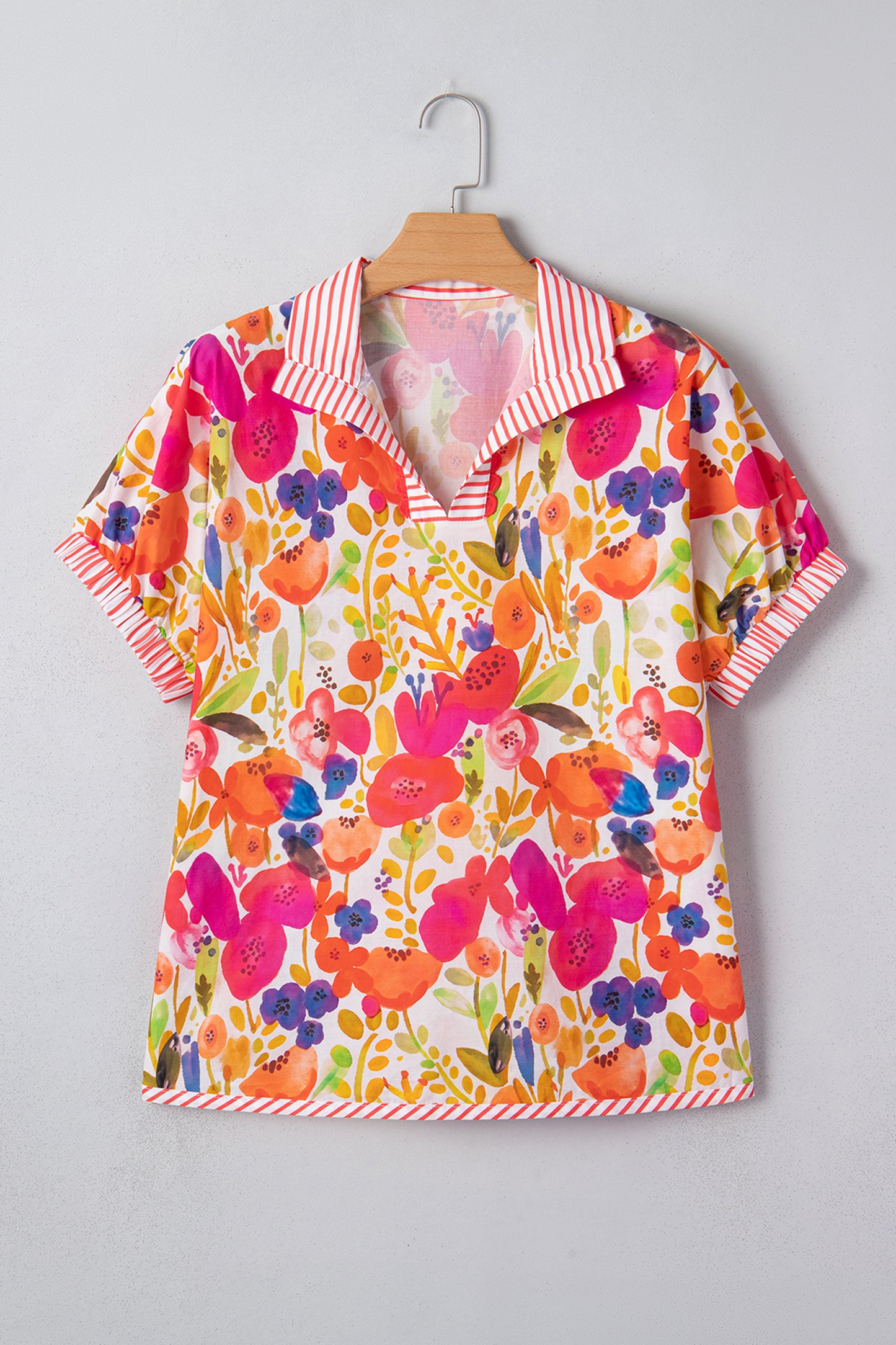 Rose Striped Trim Collared V Neck Short Sleeve Floral Print Blouse-Tops/Blouses & Shirts-[Adult]-[Female]-2022 Online Blue Zone Planet