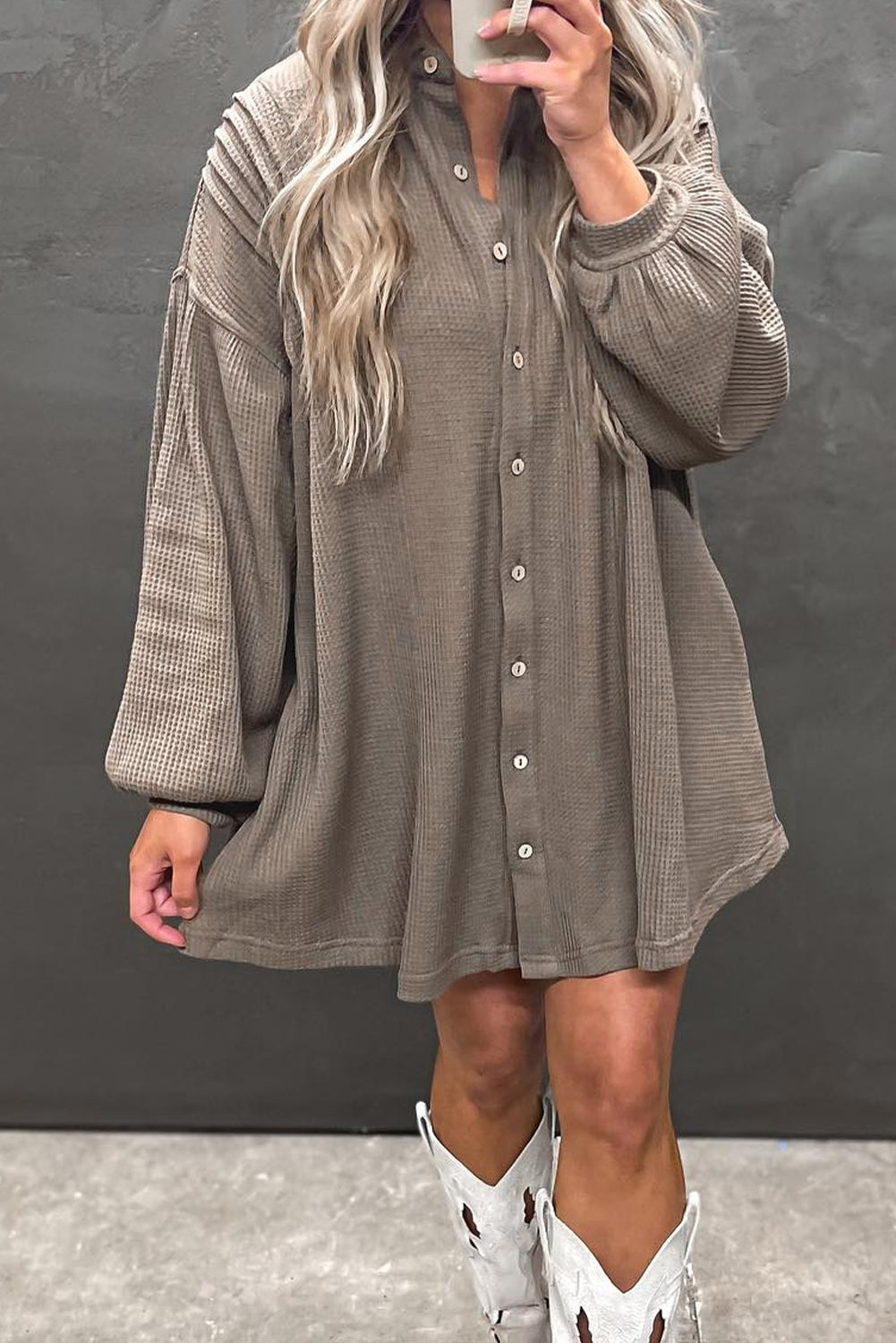 Simply Taupe Waffle Knit Shirt Tunic Mini Dress