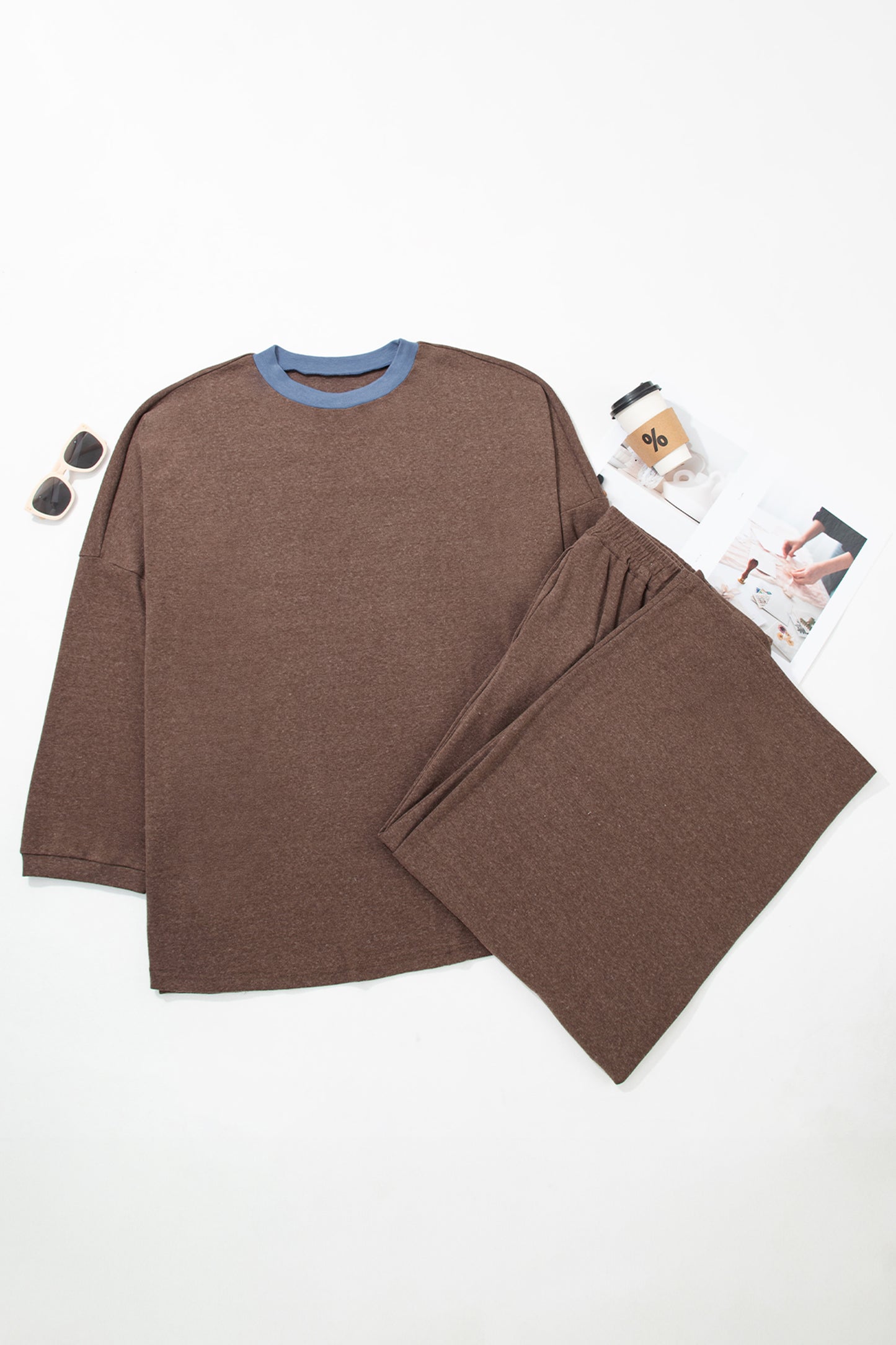 Dark Brown Long Sleeve Round Neck Patchwork Colorblock Plus Size Set-Plus Size/Plus Size Loungewear-[Adult]-[Female]-2022 Online Blue Zone Planet