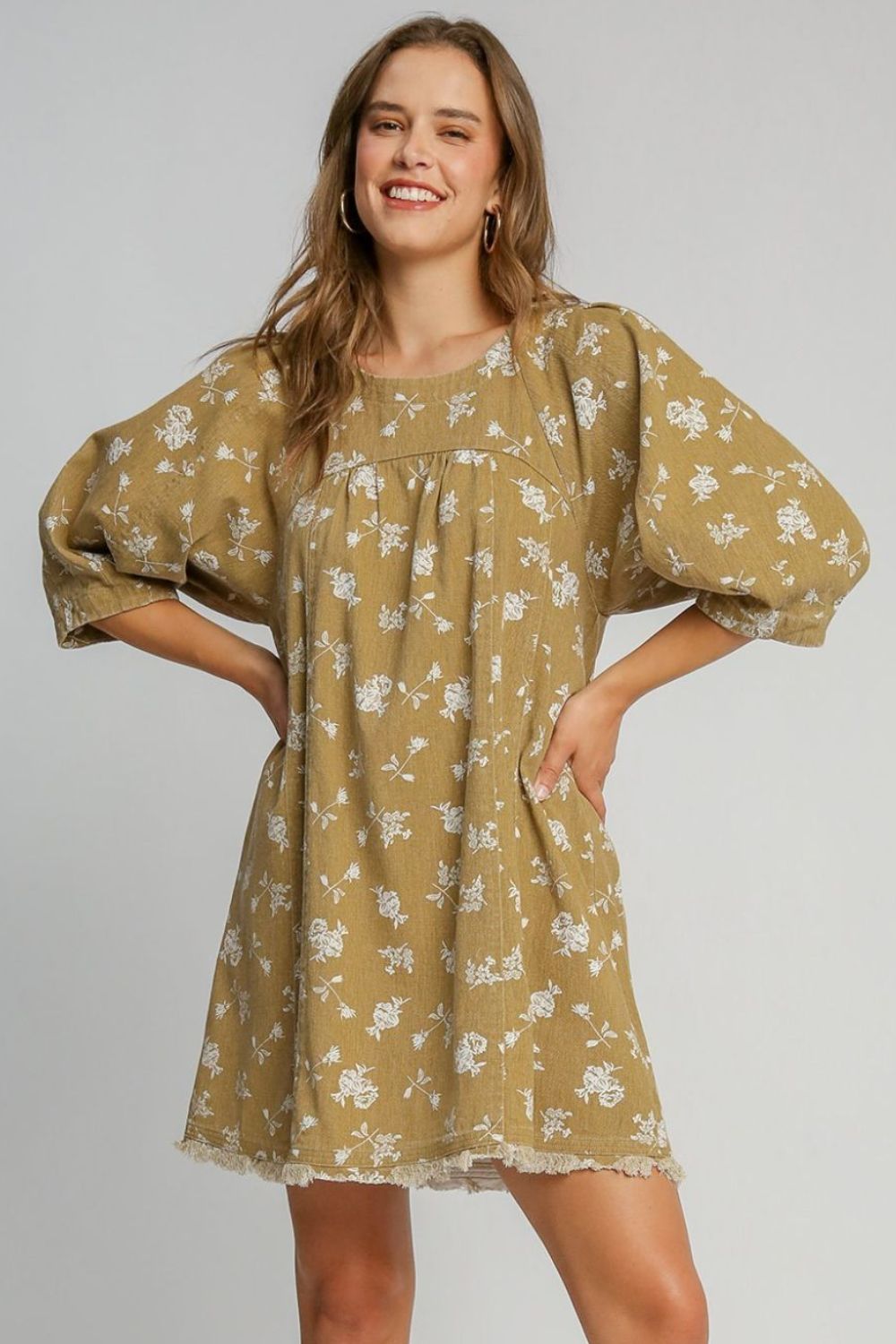 Umgee Raw Hem Floral Print Round Neck Denim Dress-TOPS / DRESSES-[Adult]-[Female]-2022 Online Blue Zone Planet