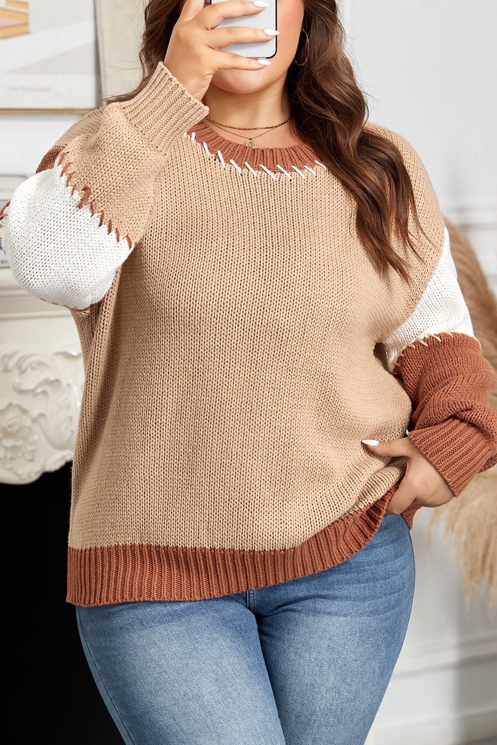 Light French Beige Contrast Stitch Detail Color Block Knitted Plus Size Sweater-TOPS / DRESSES-[Adult]-[Female]-2022 Online Blue Zone Planet