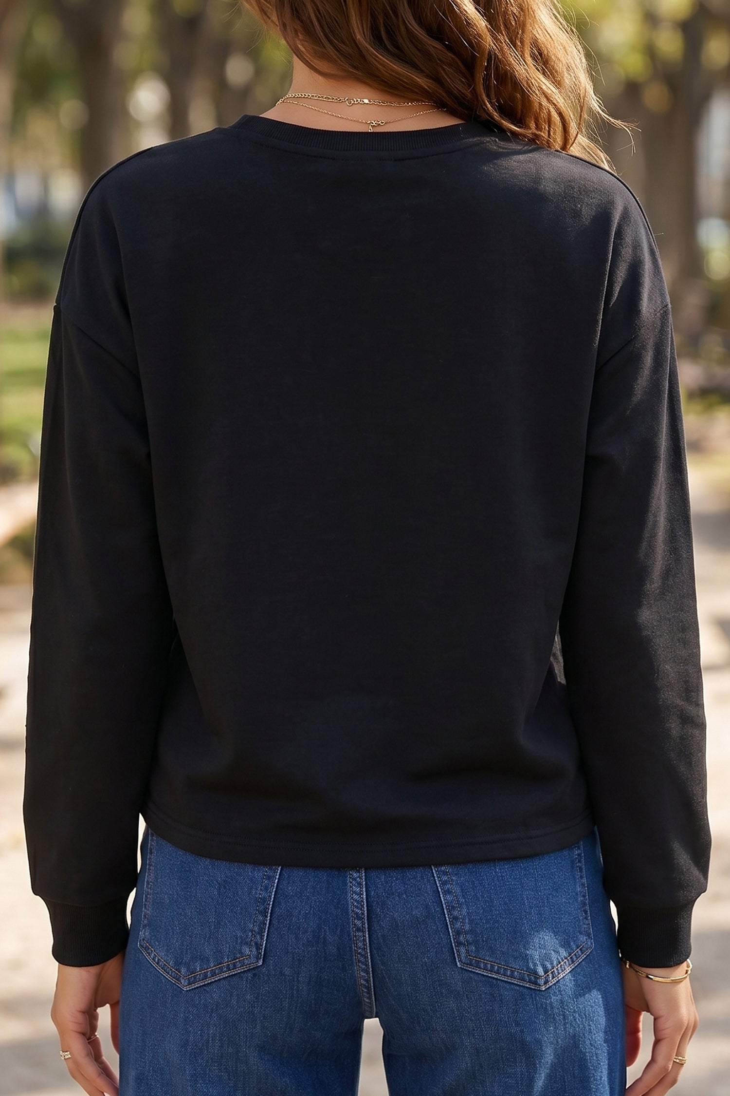 Black Solid Color Dropped Shoulder Long Sleeve Top-Tops/Long Sleeve Tops-[Adult]-[Female]-2022 Online Blue Zone Planet
