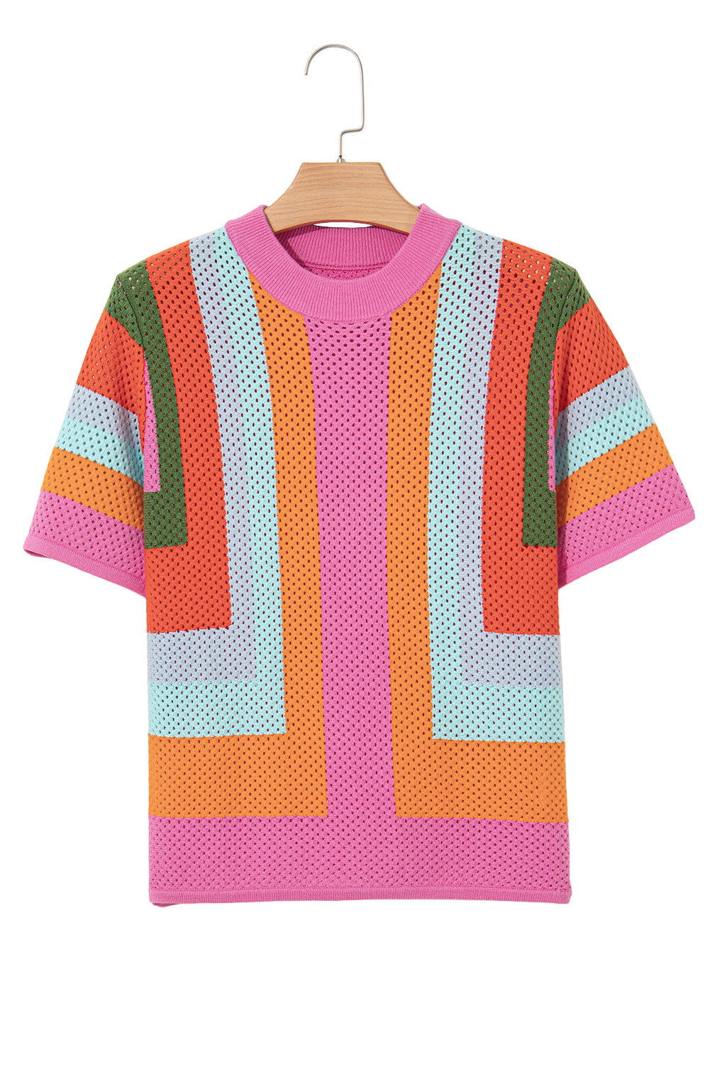 Orange Color Block Eyelet Casual Sweater T Shirt-Sweaters & Cardigans/Short Sleeve Sweaters-[Adult]-[Female]-2022 Online Blue Zone Planet