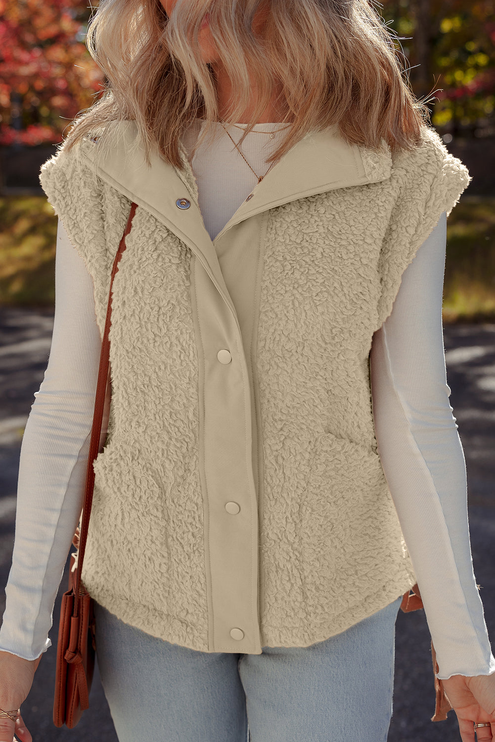 Beige Faux Fur Snap Button Front Knot Side Plush Vest with Pockets-Outerwear/Vests-[Adult]-[Female]-2022 Online Blue Zone Planet