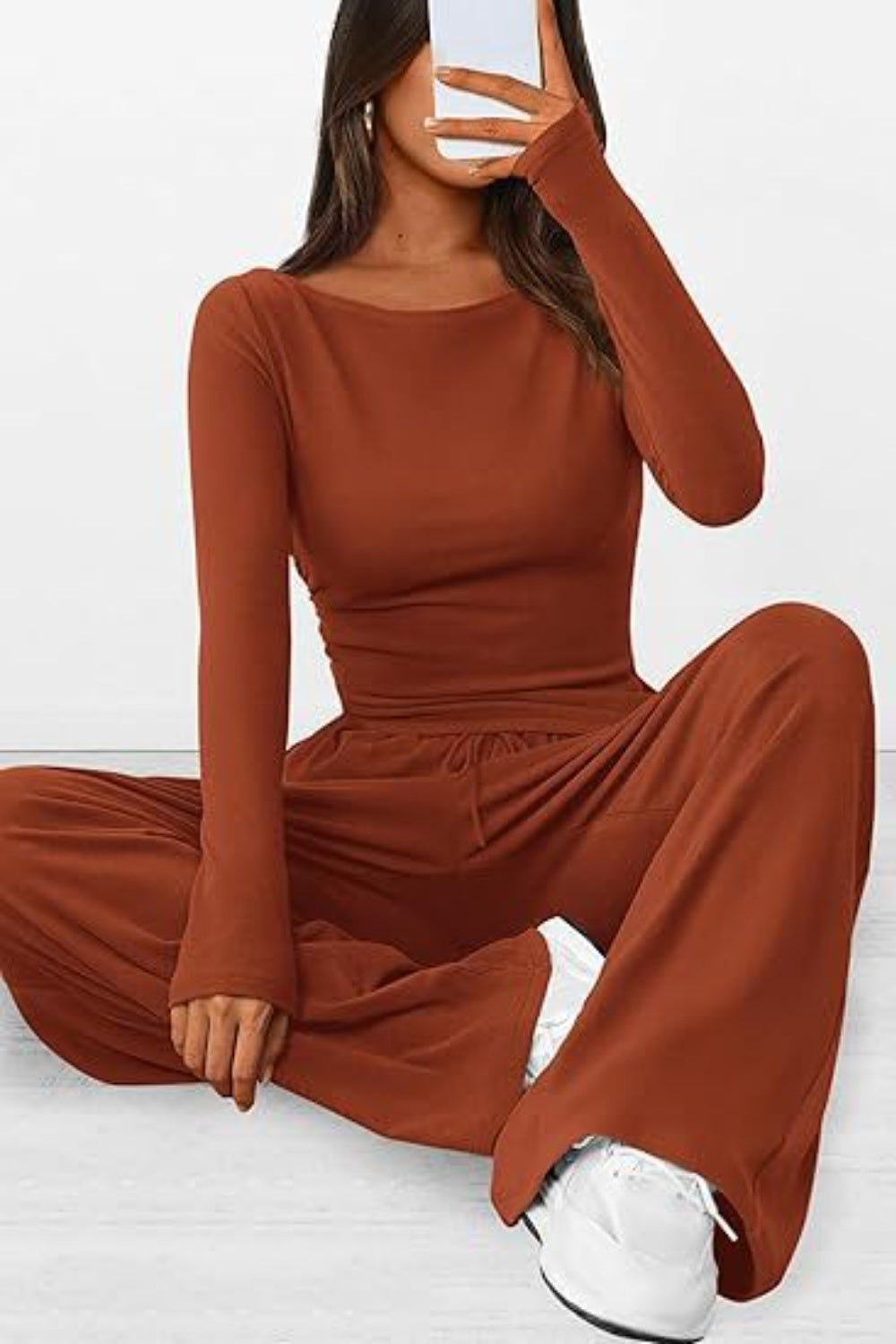 Round Neck Long Sleeve Top and Pants Set-TOPS / DRESSES-[Adult]-[Female]-Brown-XS-2022 Online Blue Zone Planet