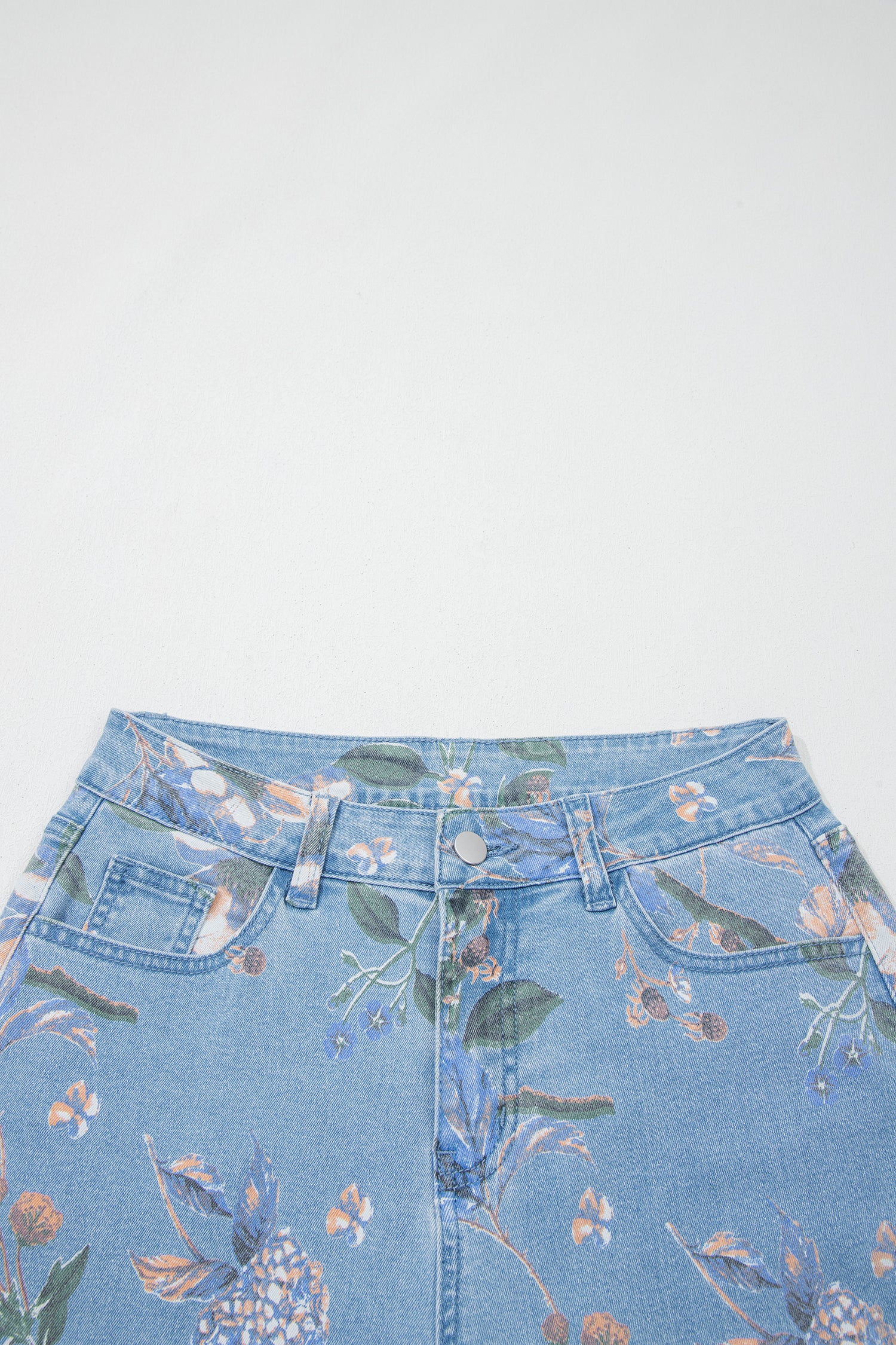Sky Blue Retro Floral Print Frayed Hem Shift Jeans-Bottoms/Jeans-[Adult]-[Female]-2022 Online Blue Zone Planet