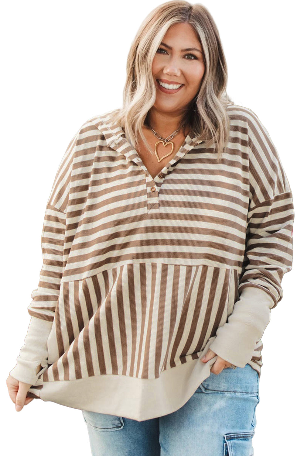 Brown Stripe Drop Sleeve Plus Size Henley Hoodie-Plus Size Tops-[Adult]-[Female]-2022 Online Blue Zone Planet