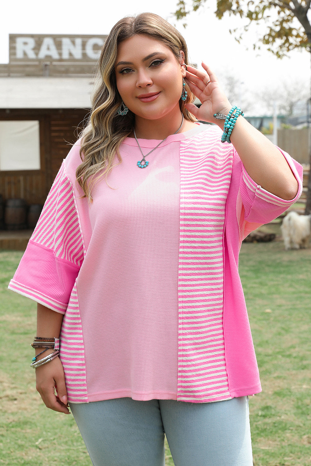 Pink Stripe Patchwork Colorblock Plus Size T Shirt-Plus Size/Plus Size Tops/Plus Size Tops & Tees-[Adult]-[Female]-2022 Online Blue Zone Planet