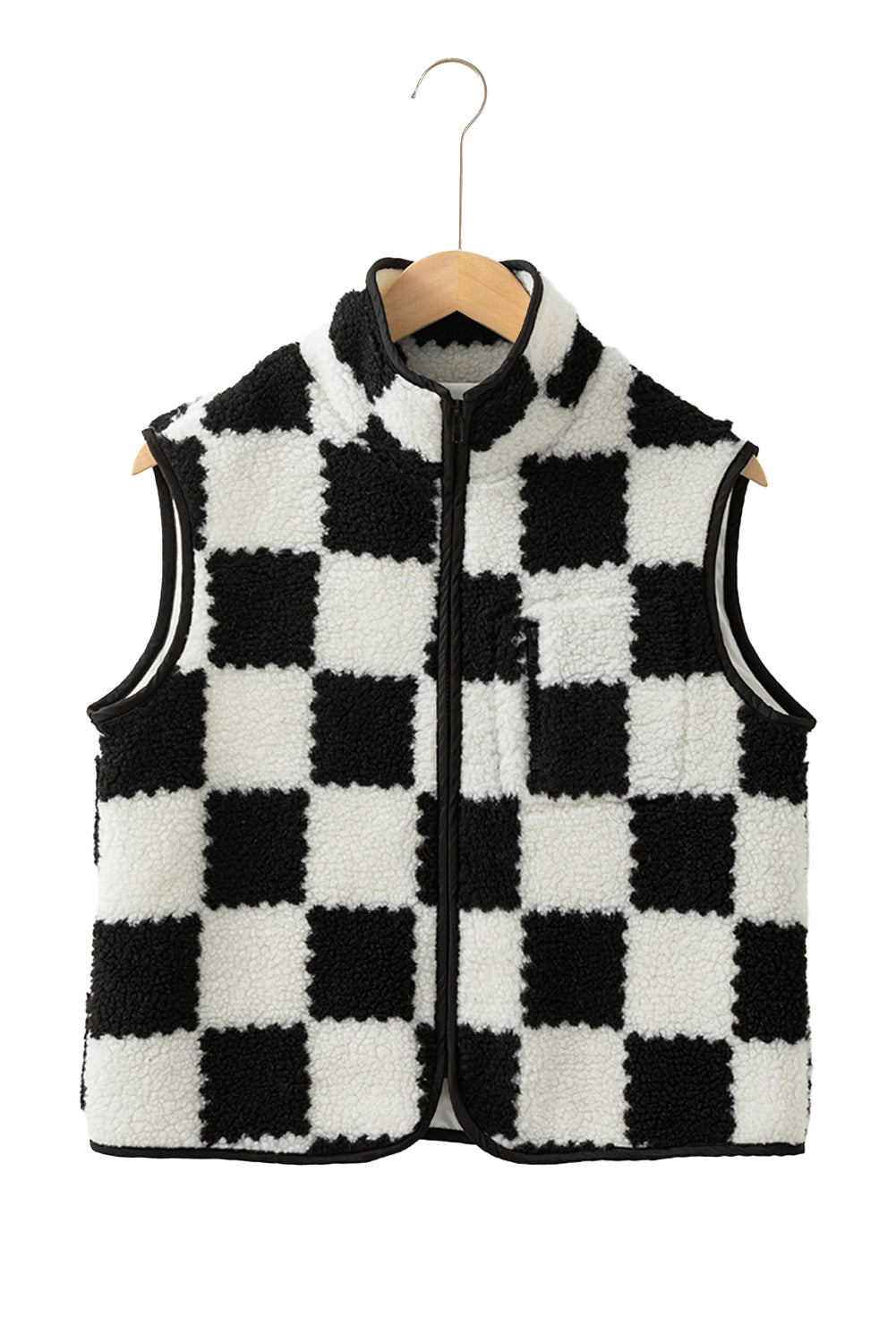 Blue Zone Planet | Black Checkered Sherpa Collared Jacket Vest-Outerwear/Vests-[Adult]-[Female]-2022 Online Blue Zone Planet
