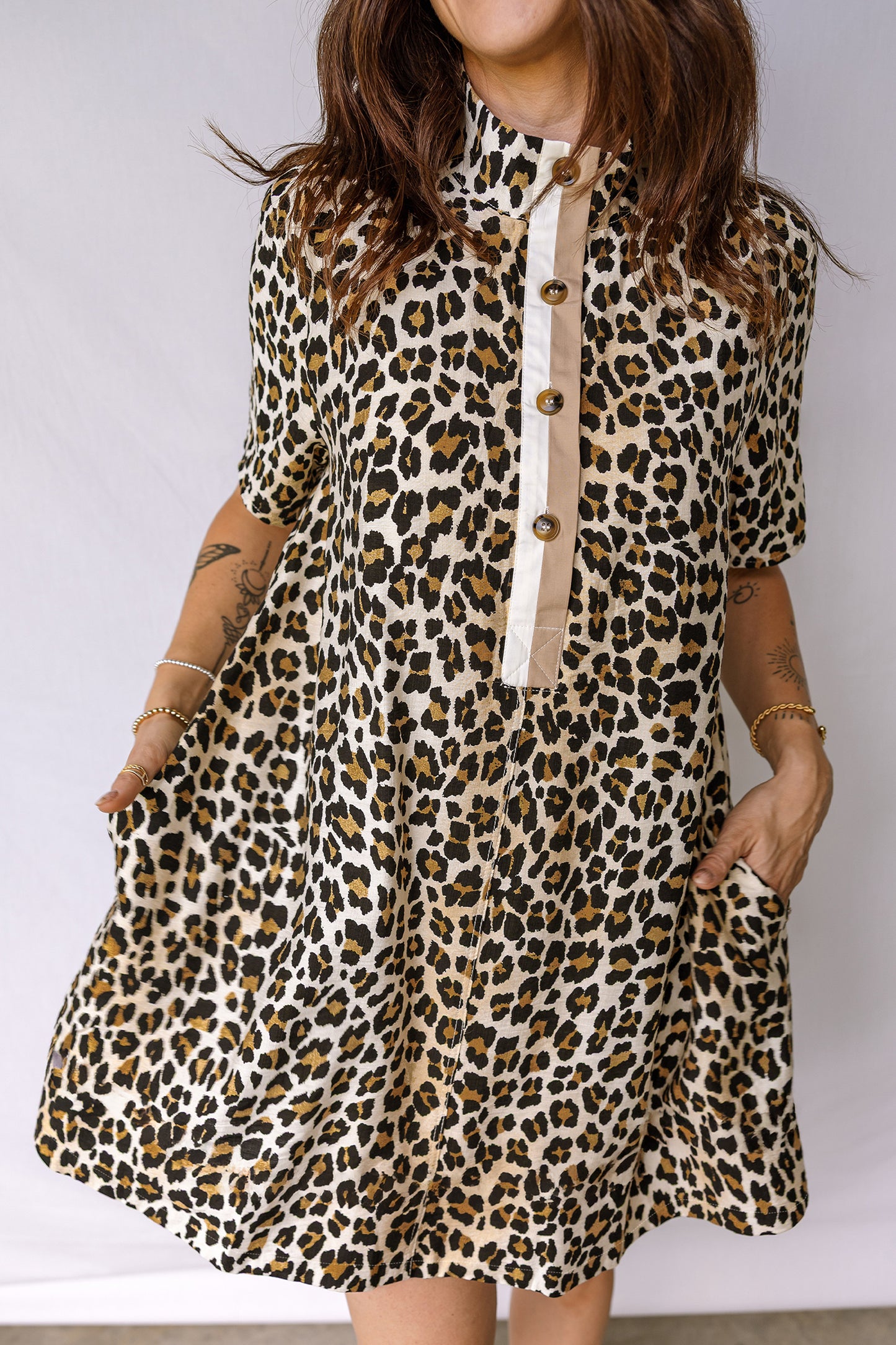 Multicolour Half Buttons Short Sleeve Loose Leopard Mini Dress with Pockets-TOPS / DRESSES-[Adult]-[Female]-2022 Online Blue Zone Planet