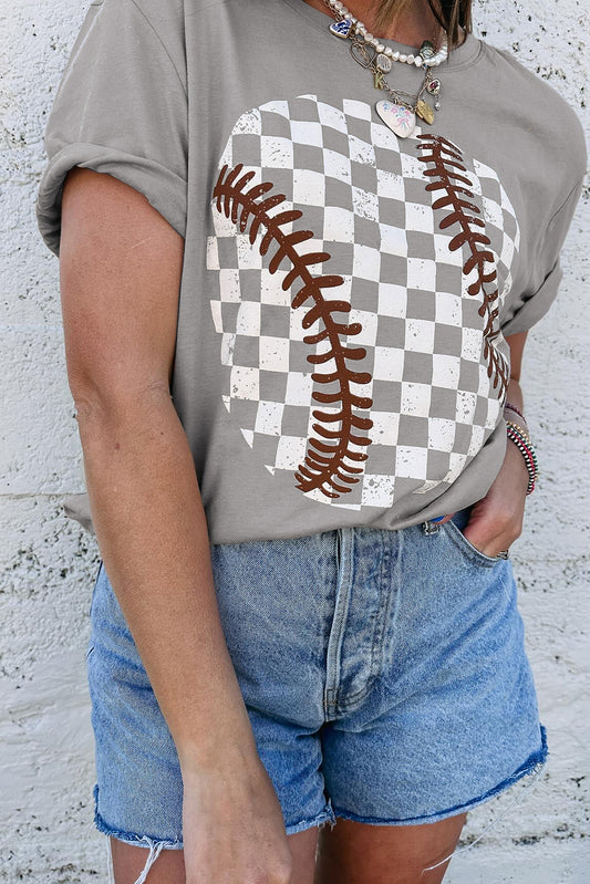 Gray Checkered Baseball Graphic Tee-Graphic/Graphic Tees-[Adult]-[Female]-Gray-S-2022 Online Blue Zone Planet