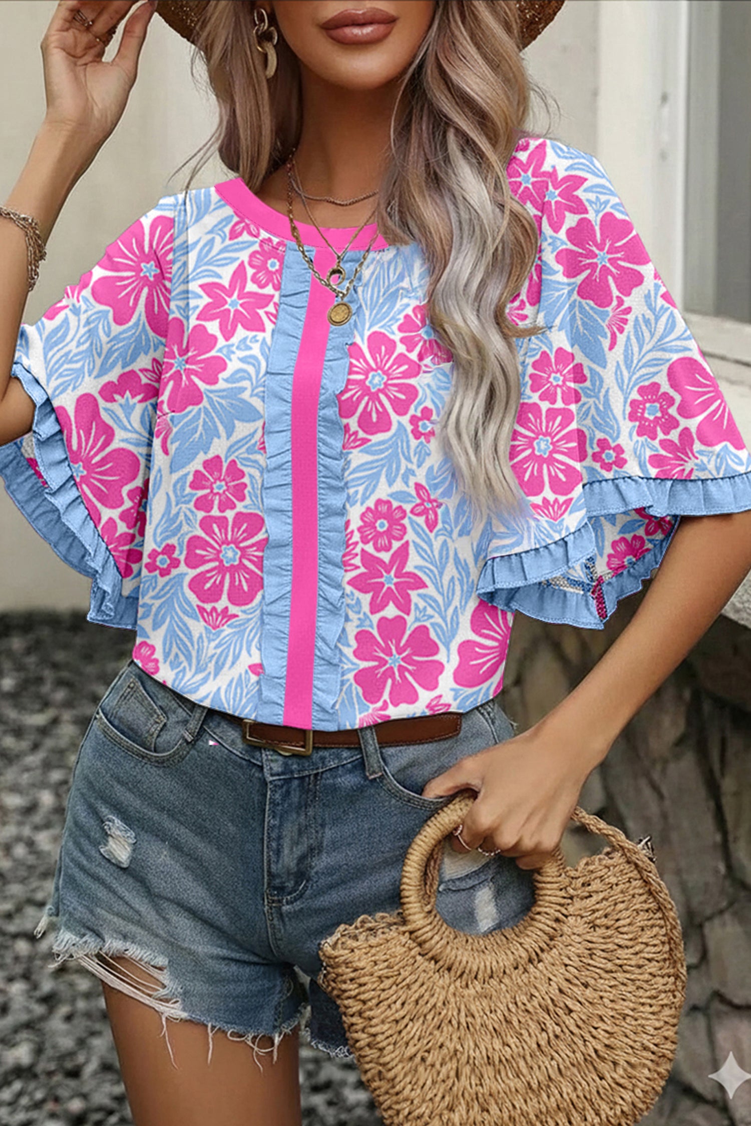 Rose Floral Print Ruffled Color Block Trim Half Sleeve Blouse-Tops/Blouses & Shirts-[Adult]-[Female]-Rose-S-2022 Online Blue Zone Planet