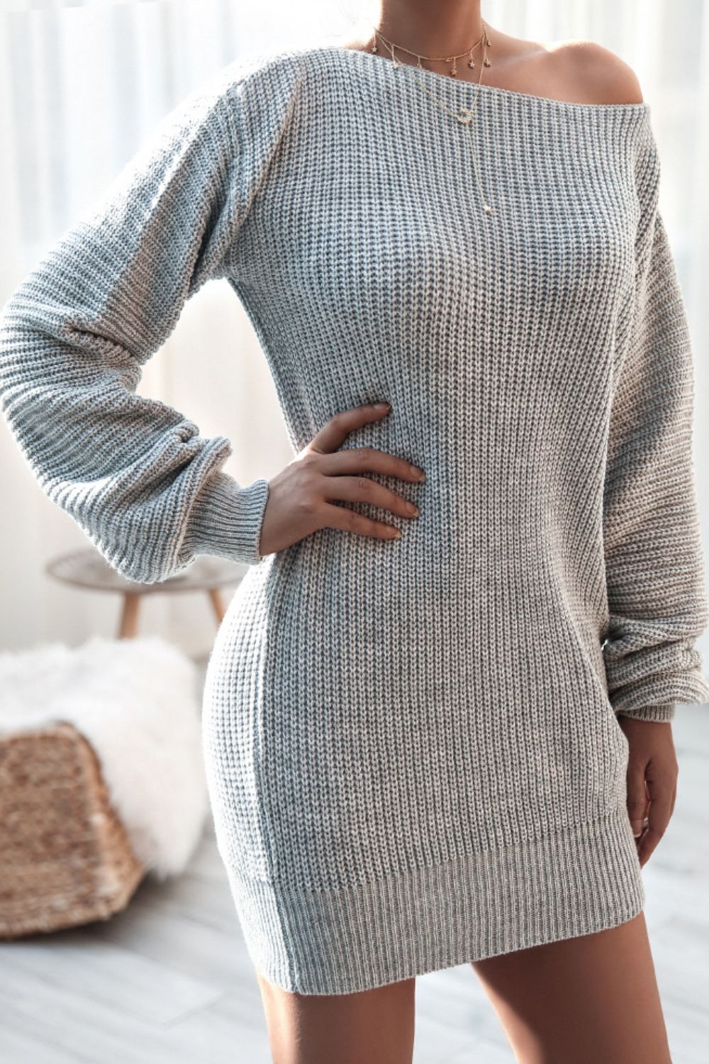 Boat Neck Long Sleeve Mini Sweater Dress-TOPS / DRESSES-[Adult]-[Female]-2022 Online Blue Zone Planet