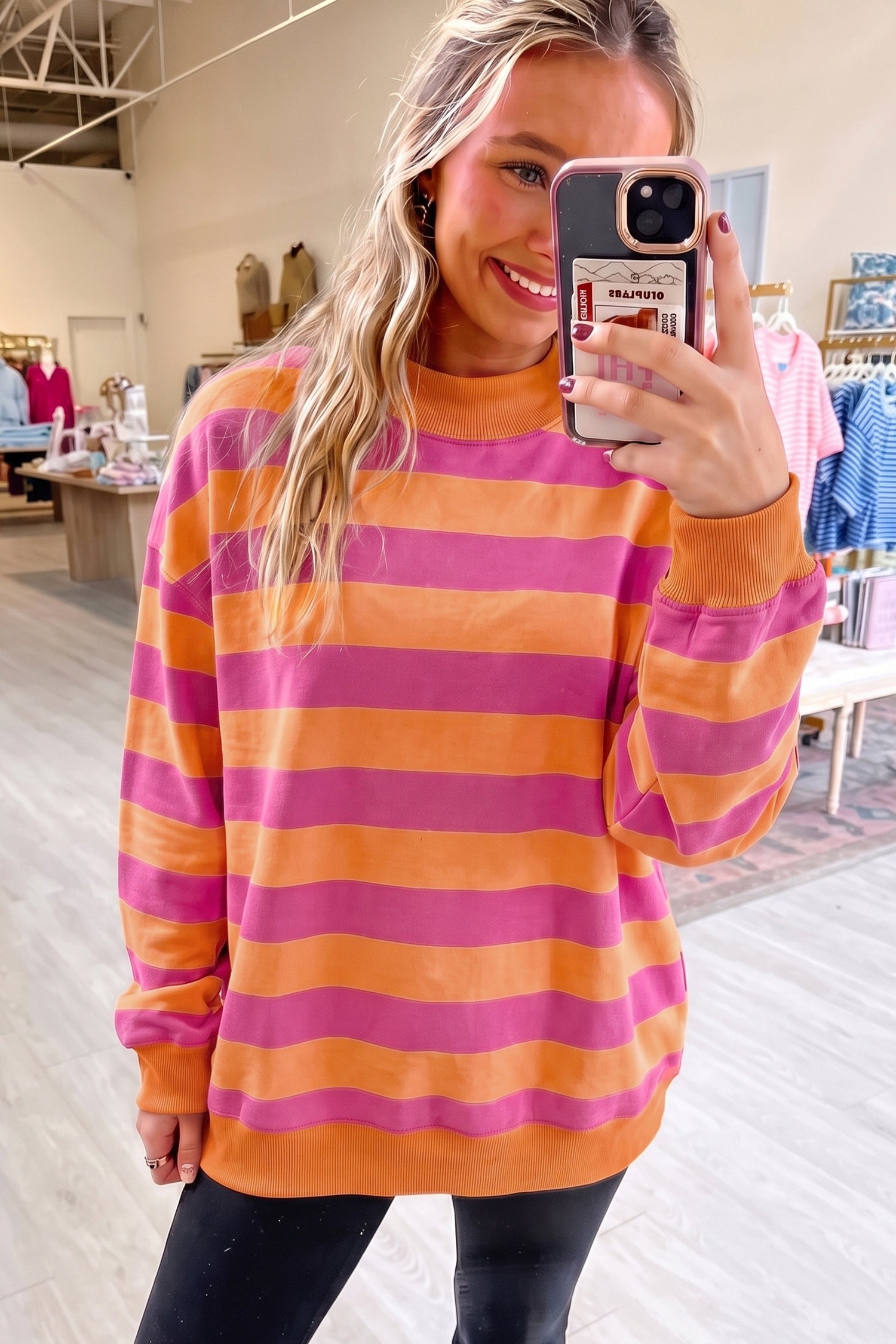 Rose Stripe Colorblock Mock Neck Relaxed Sweatshirt-Tops/Sweatshirts & Hoodies-[Adult]-[Female]-2022 Online Blue Zone Planet