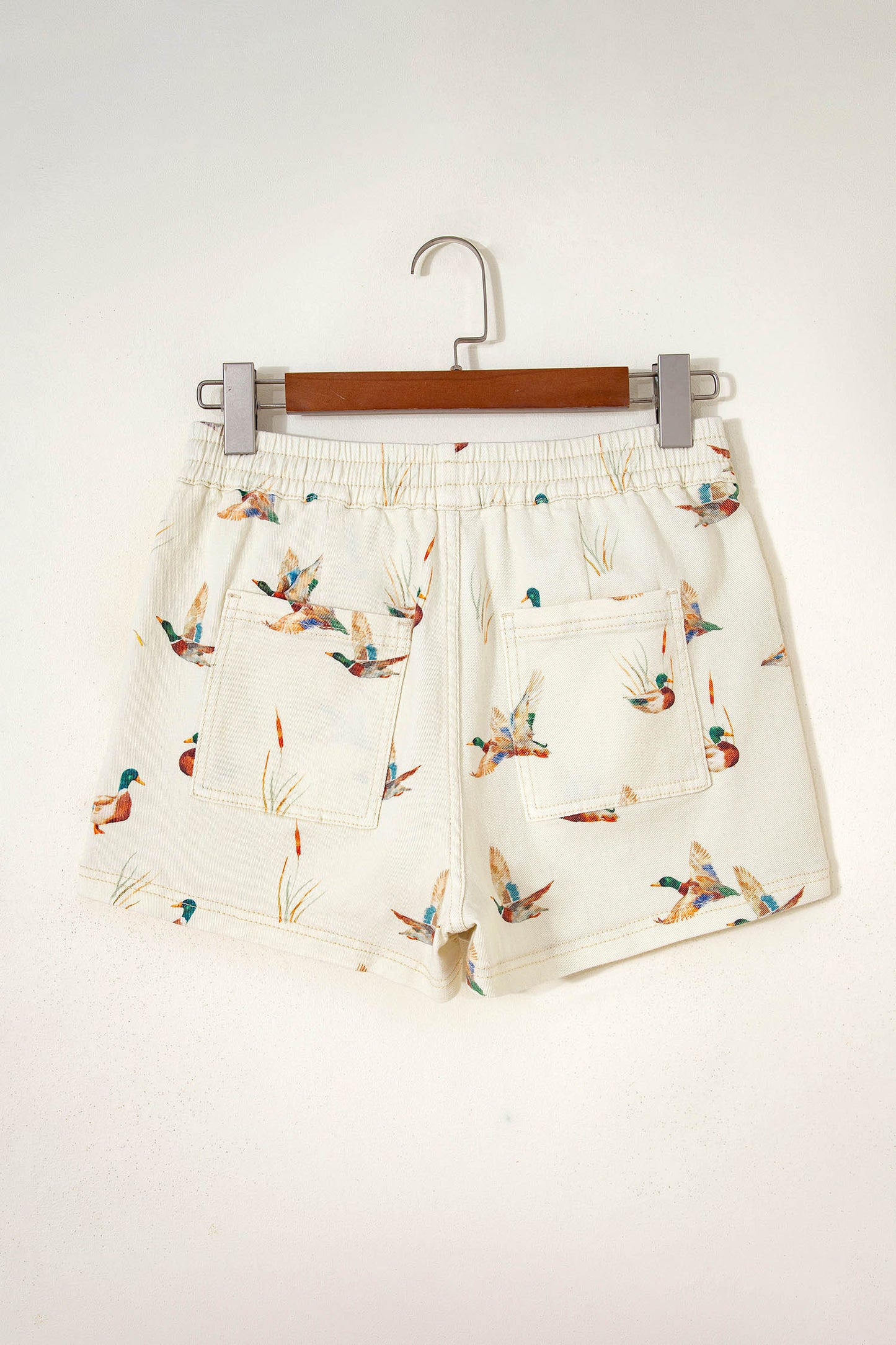 Beige Wild Duck Mallard Printed Drawstring Denim Shorts-Bottoms/Denim Shorts-[Adult]-[Female]-2022 Online Blue Zone Planet