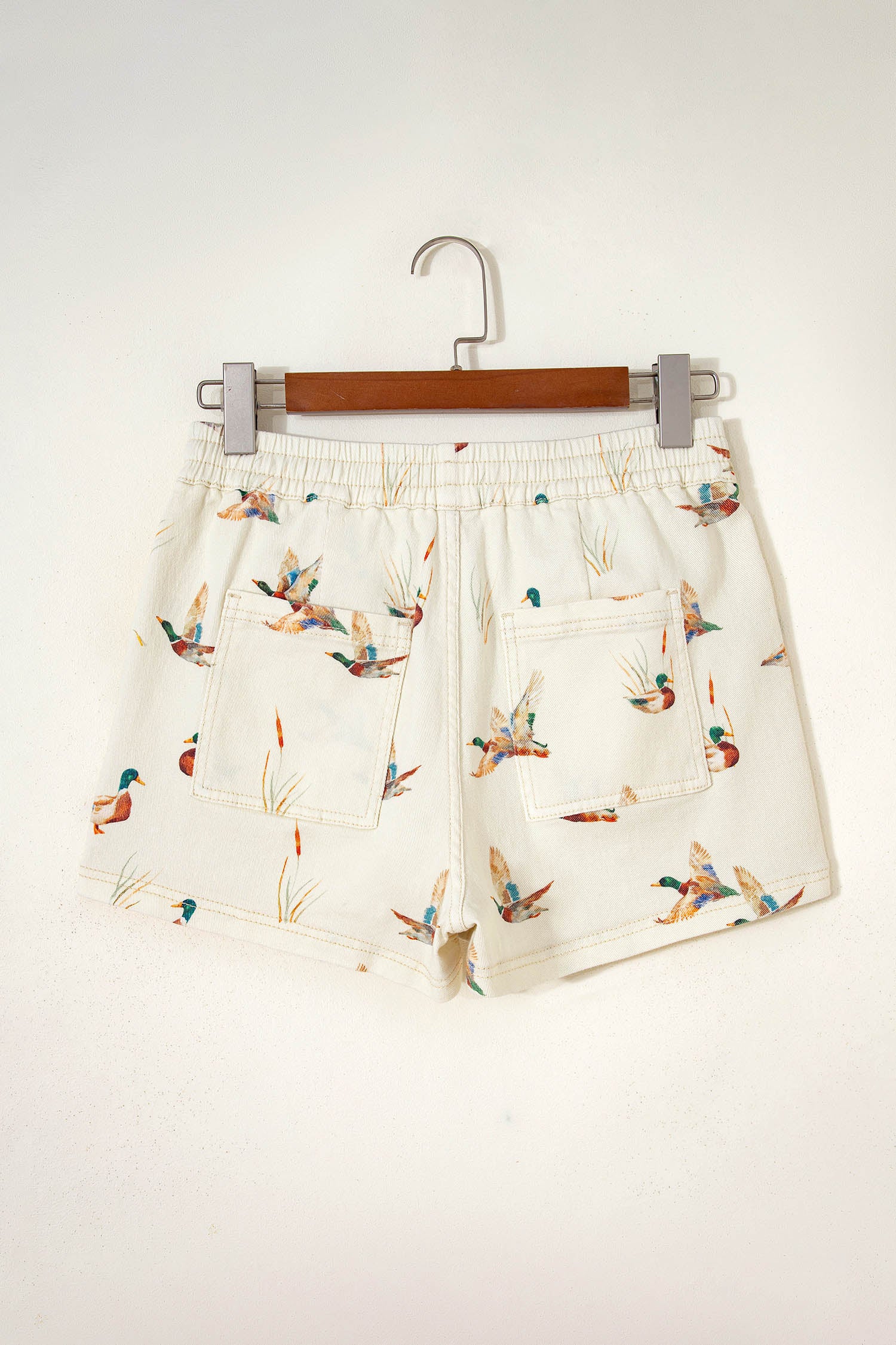 Beige Wild Duck Mallard Printed Drawstring Denim Shorts-Bottoms/Denim Shorts-[Adult]-[Female]-2022 Online Blue Zone Planet