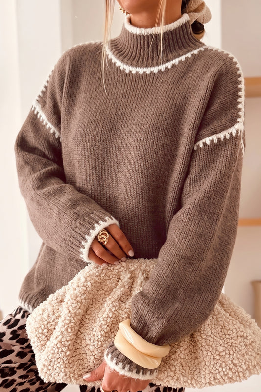 Dark Khaki Contrast Trim Mock Neck Drop Shoulder Relaxed Sweater-Sweaters & Cardigans/Sweaters-[Adult]-[Female]-Dark Khaki-S-2022 Online Blue Zone Planet
