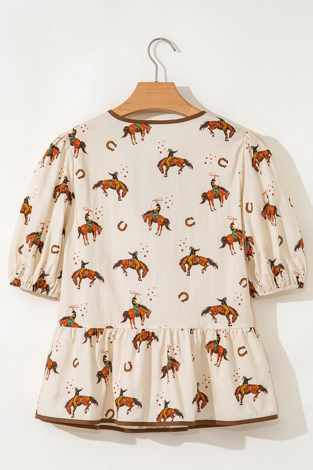 Apricot Cowboy Print Puff Sleeve Bowknot Peplum Blouse-Tops/Blouses & Shirts-[Adult]-[Female]-2022 Online Blue Zone Planet