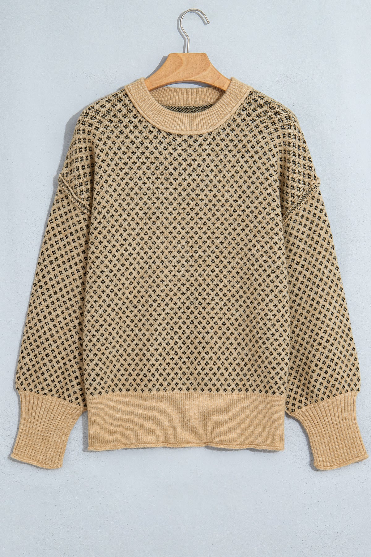 Khaki Geometric Print Drop Shoulder Round Neck Long Sleeve Sweater-TOPS / DRESSES-[Adult]-[Female]-2022 Online Blue Zone Planet