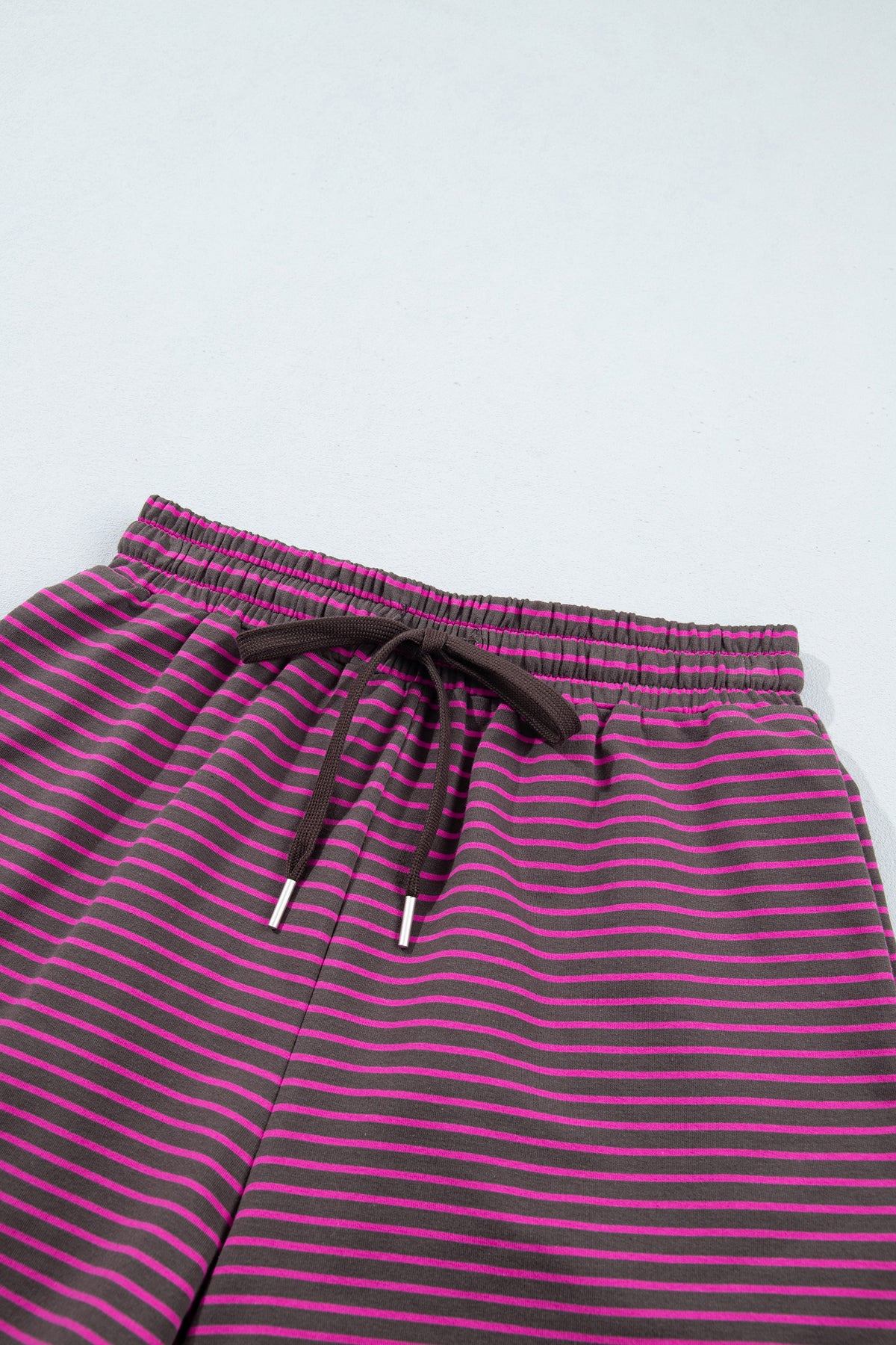 Blue Stripe Ribbed Patchwork Mock Neck Baggy Pullover Matching Shorts Set-Two Piece Sets/Short Sets-[Adult]-[Female]-2022 Online Blue Zone Planet