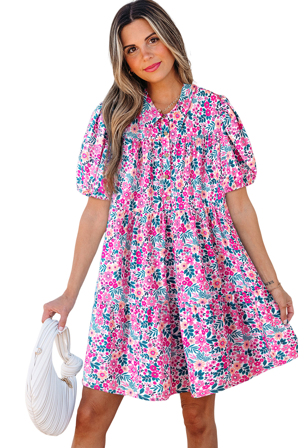 Pink Floral Collared Half Placket Short Sleeve Loose Dress-TOPS / DRESSES-[Adult]-[Female]-2022 Online Blue Zone Planet