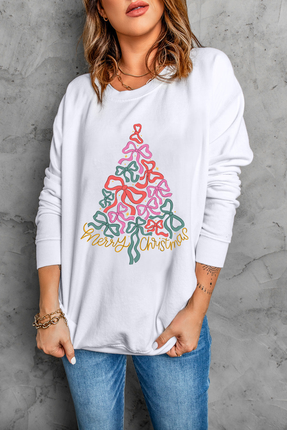 Beige Bow Christmas Tree Print Crew Neck Loose Sweatshirt-Graphic Sweatshirts-[Adult]-[Female]-2022 Online Blue Zone Planet