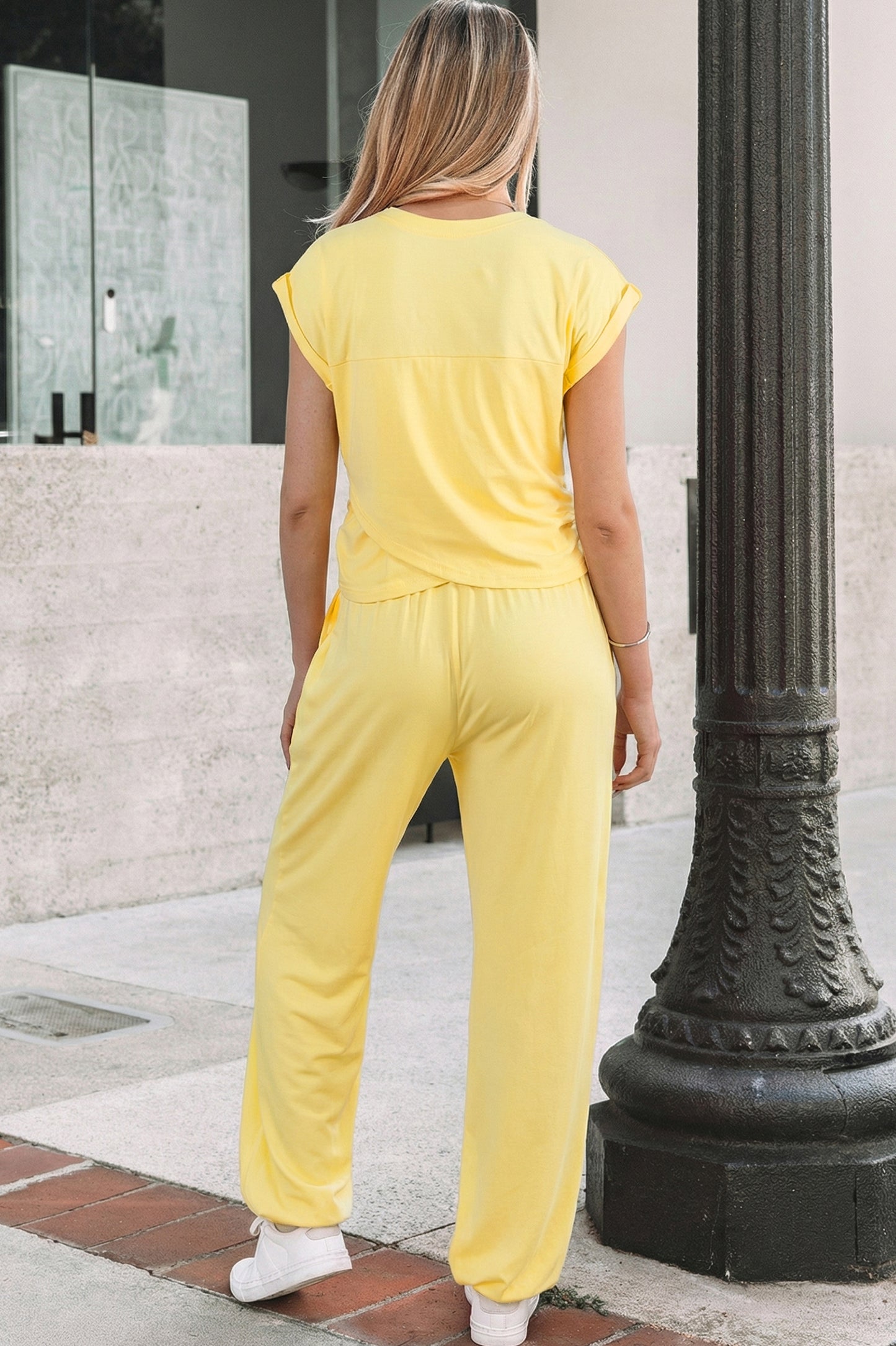Yellow Cream Solid Color Cropped Tank Top and Jogger Pants Set-Two Piece Sets/Pant Sets-[Adult]-[Female]-2022 Online Blue Zone Planet