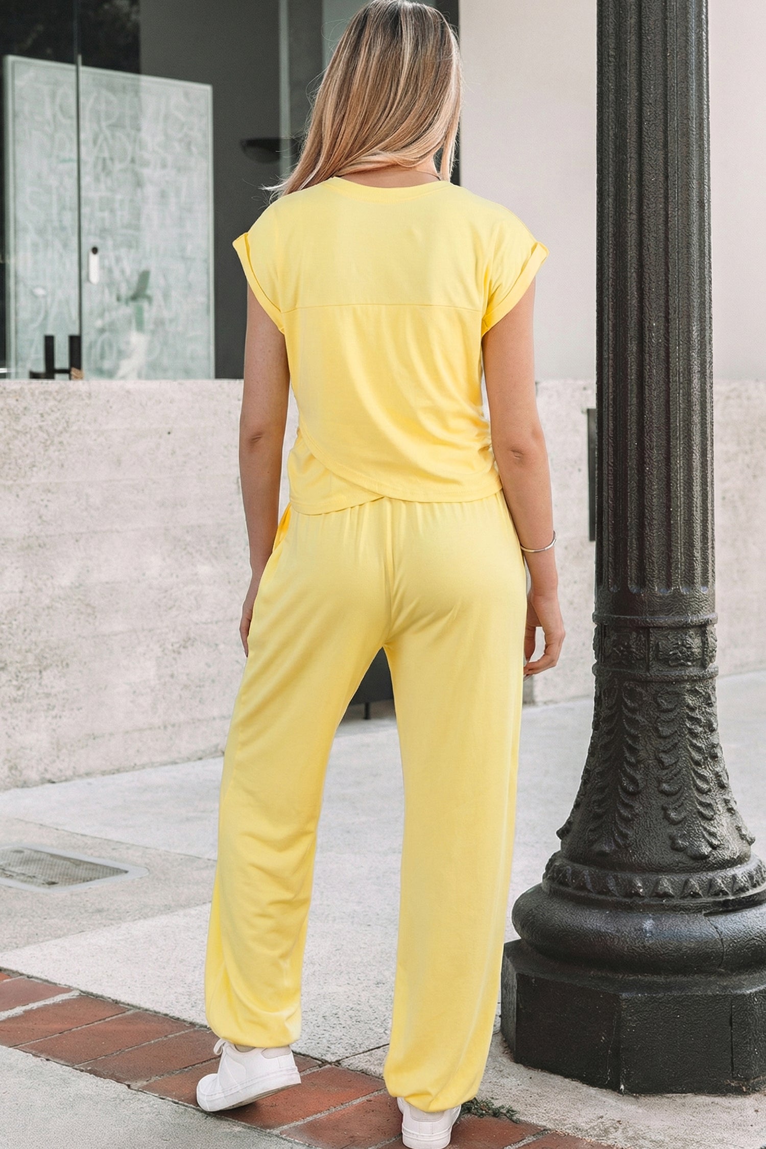 Yellow Cream Solid Color Cropped Tank Top and Jogger Pants Set-Two Piece Sets/Pant Sets-[Adult]-[Female]-2022 Online Blue Zone Planet
