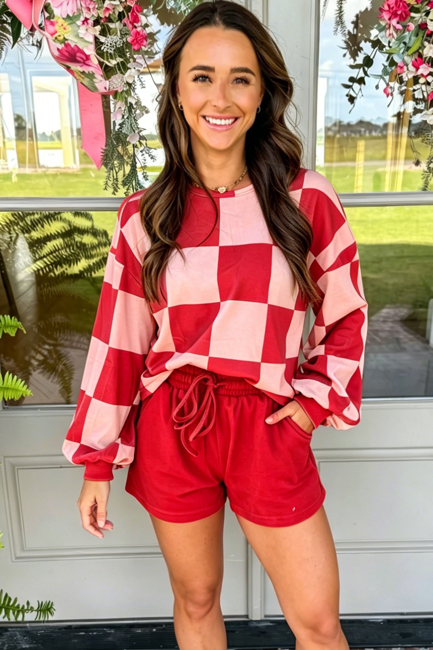 Khaki Checkerboard Plaid Long Sleeve Solid Color Shorts 2pcs Set-Two Piece Sets/Short Sets-[Adult]-[Female]-2022 Online Blue Zone Planet