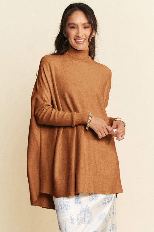 Davi & Dani High-Low Turtleneck Long Sleeve Knit Top-TOPS / DRESSES-[Adult]-[Female]-Caramel-S-2022 Online Blue Zone Planet