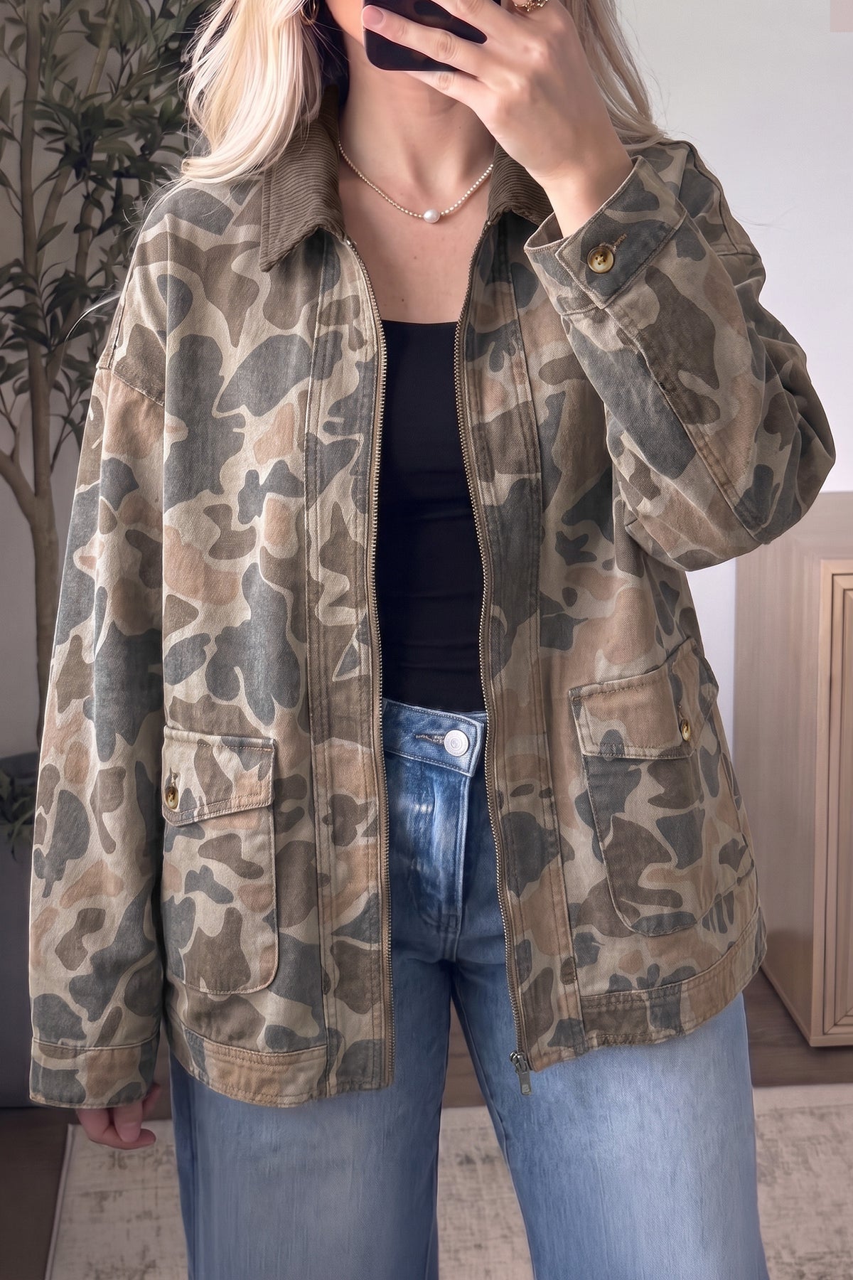 Multicolour Retro Camouflage Print Corduroy Contrast Collar Zip Denim Jacket-Outerwear/Denim jackets-[Adult]-[Female]-2022 Online Blue Zone Planet