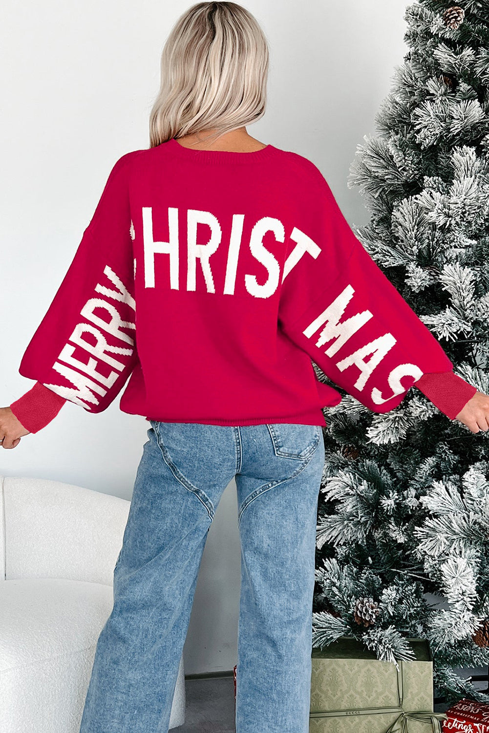 Fiery Red HO HO HO MERRY CHRISTMAS Drop Shoulder Loose Sweater-TOPS / DRESSES-[Adult]-[Female]-2022 Online Blue Zone Planet