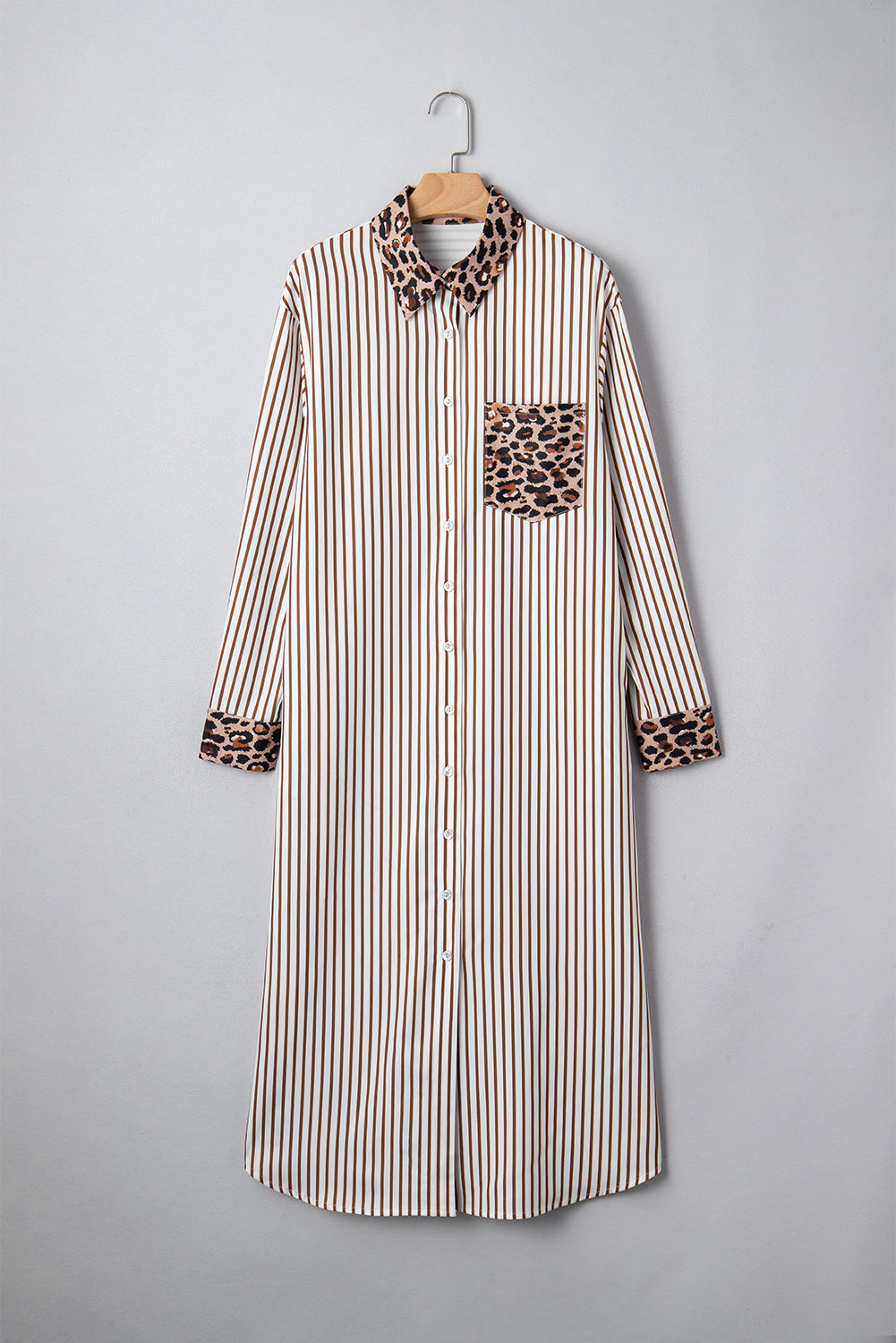 Brown Stripe Contrast Leopard Patchwork Long Shirt Dress with Slits-TOPS / DRESSES-[Adult]-[Female]-2022 Online Blue Zone Planet